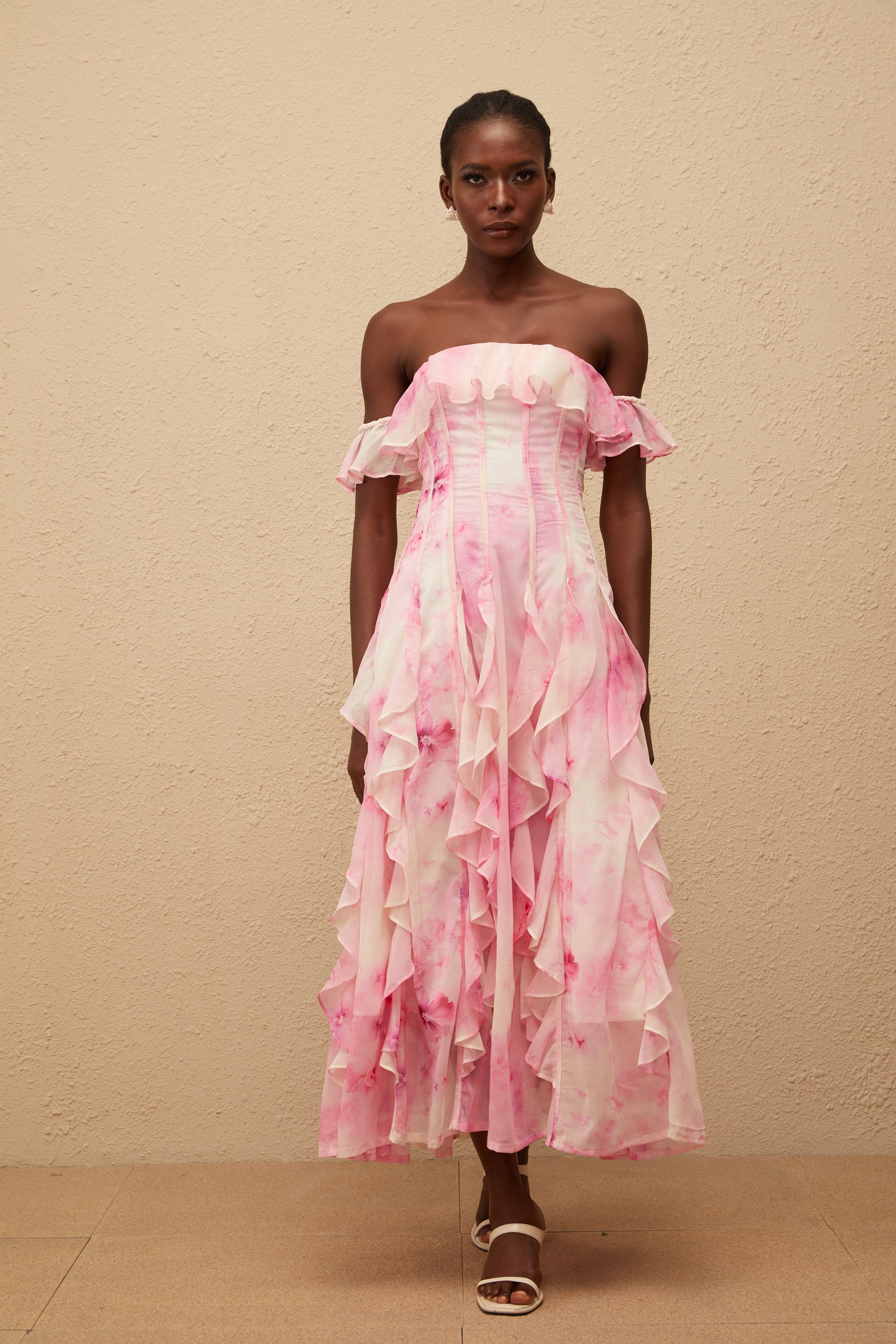 Fleur Pink Ruffled Floral Print Maxi Dress