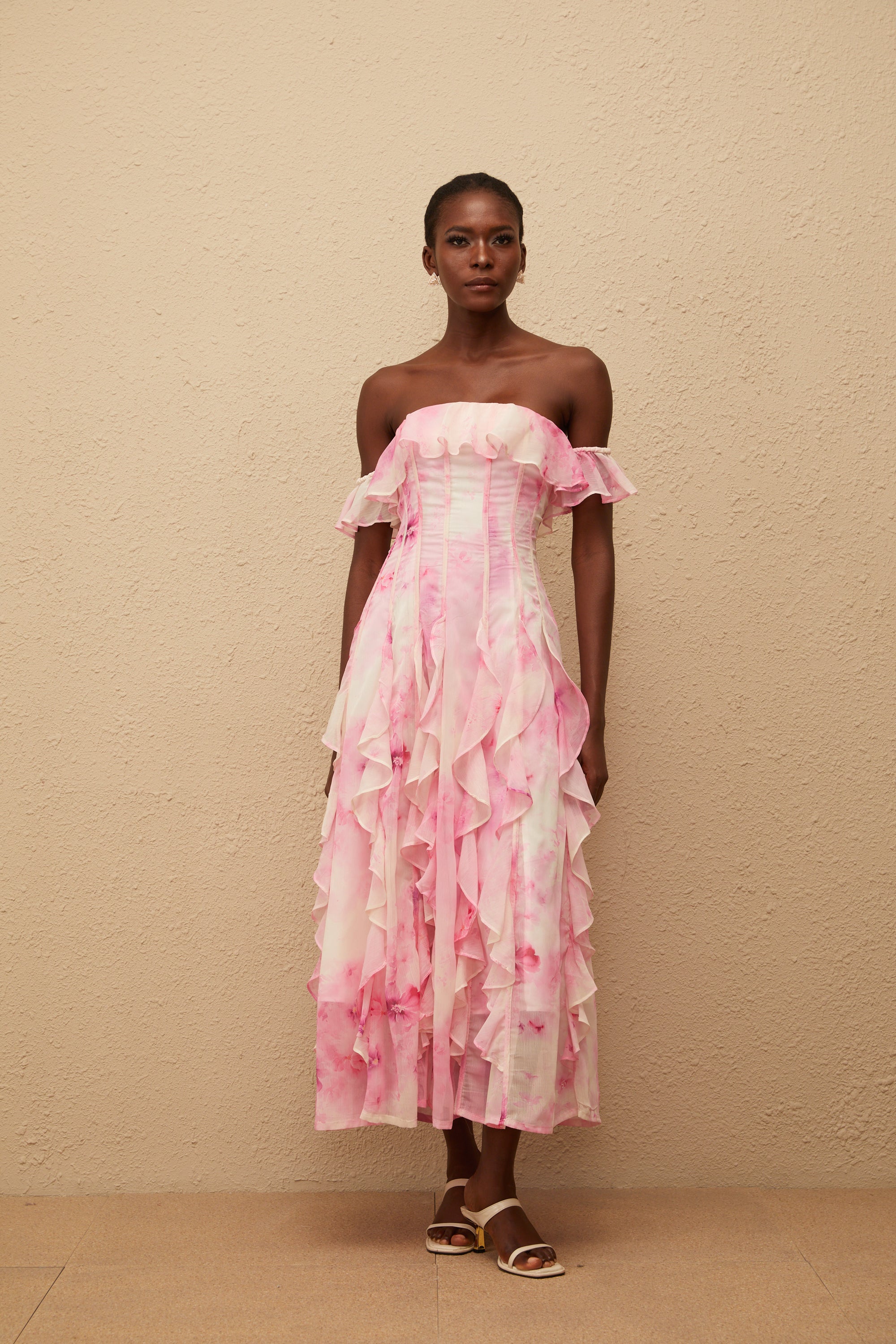 Fleur Pink Ruffled Floral Print Maxi Dress