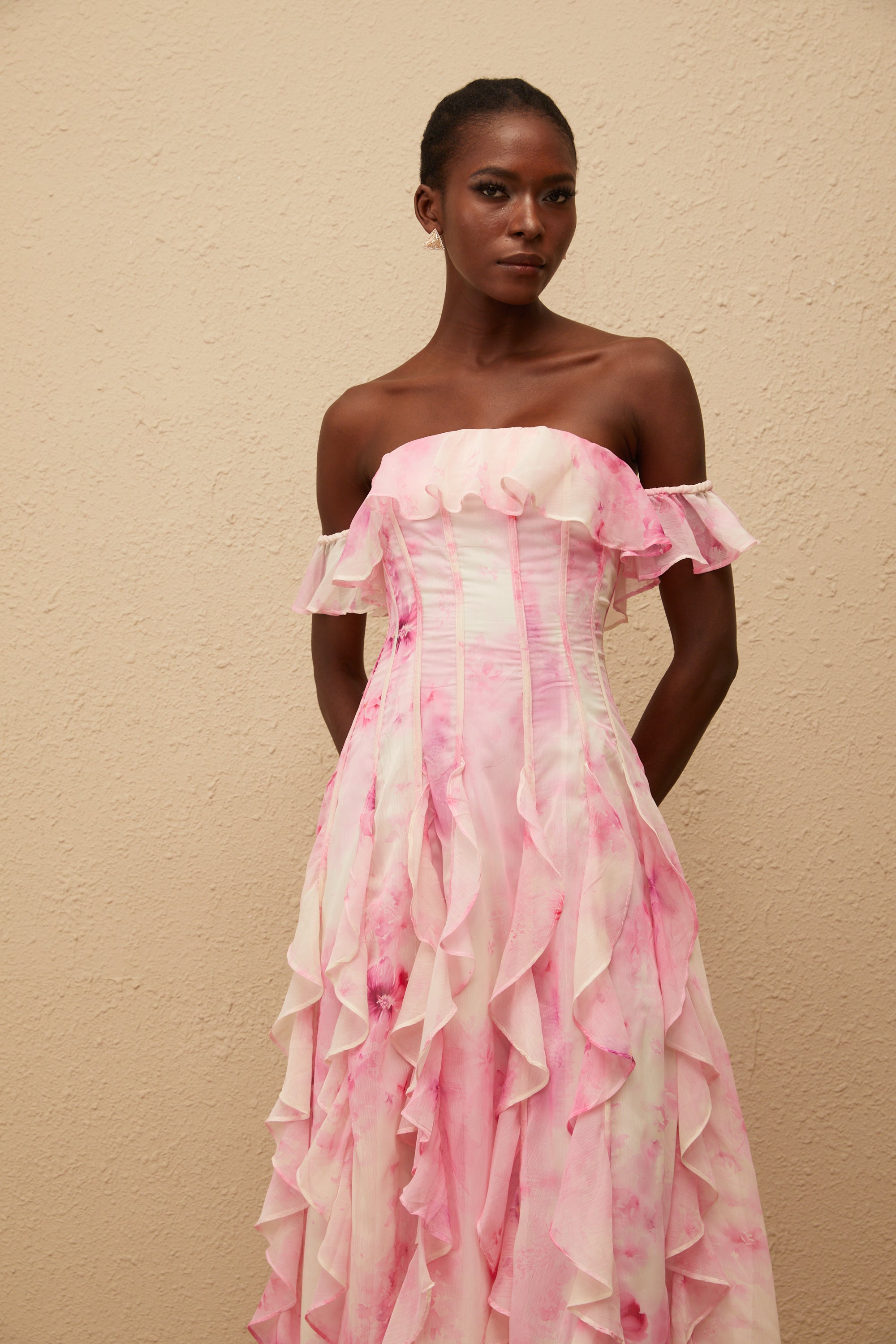 Fleur Pink Ruffled Floral Print Maxi Dress