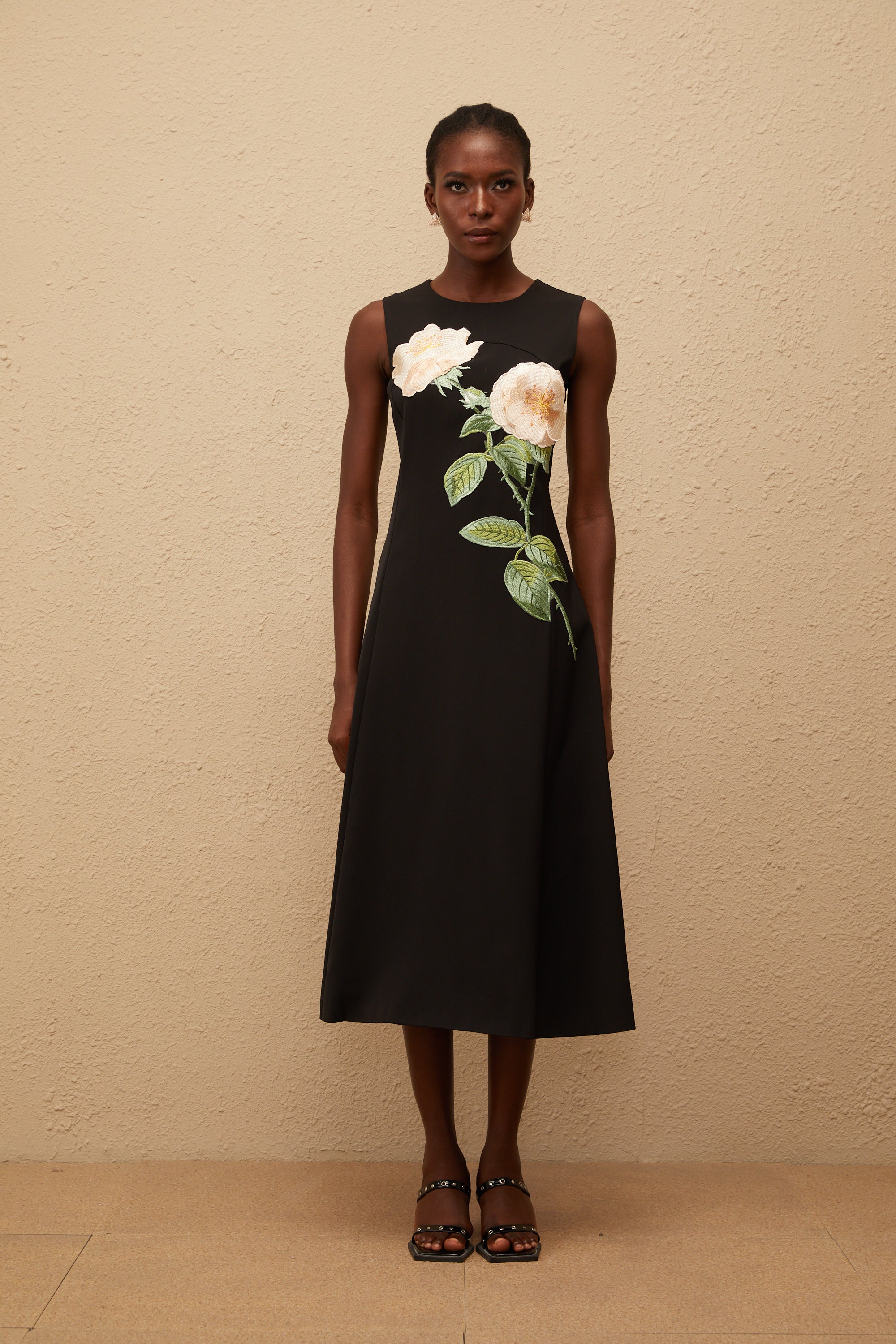 Mackenzie Black Floral Embroidered Midi Dress