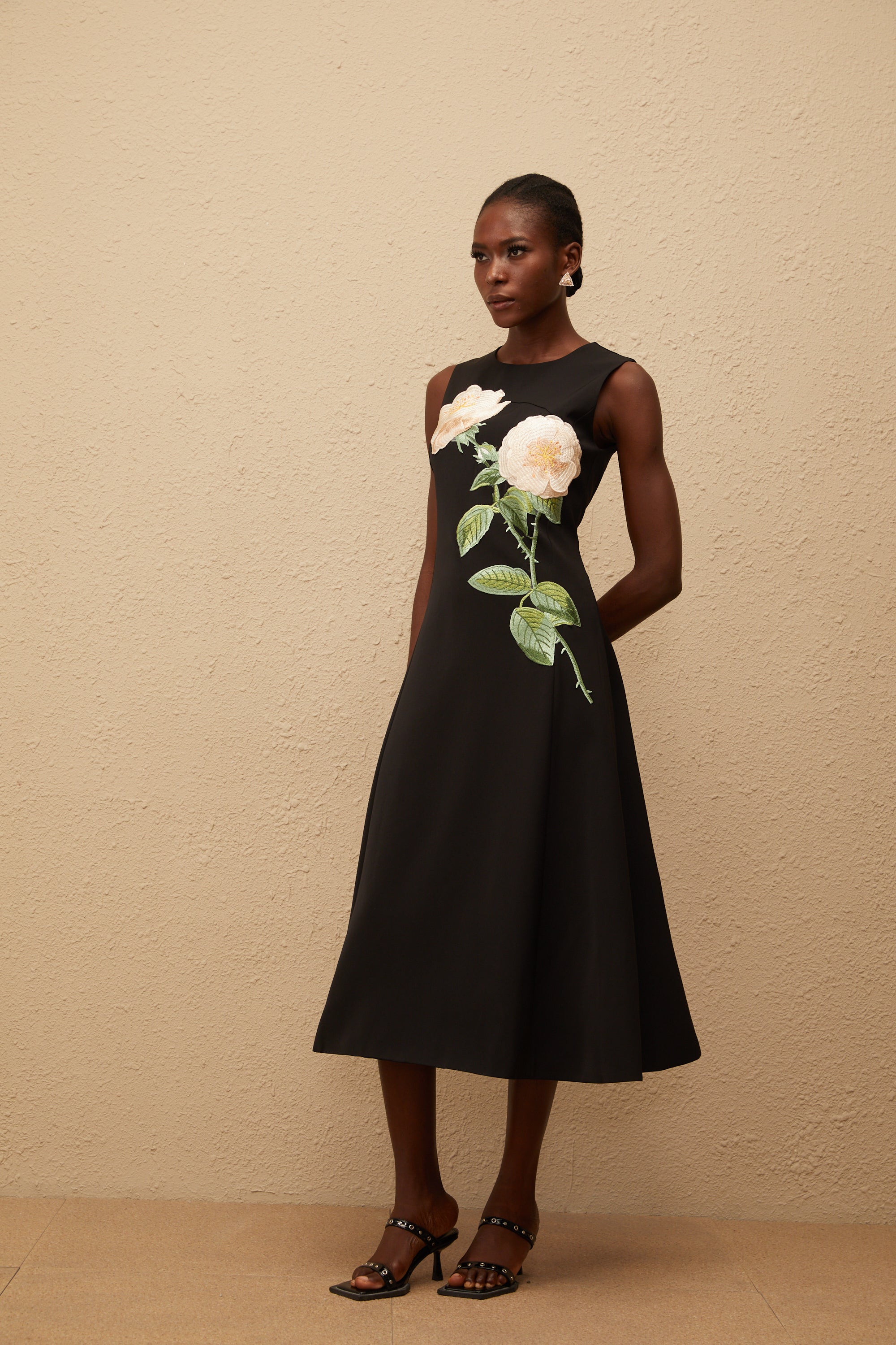 Mackenzie Black Floral Embroidered Midi Dress