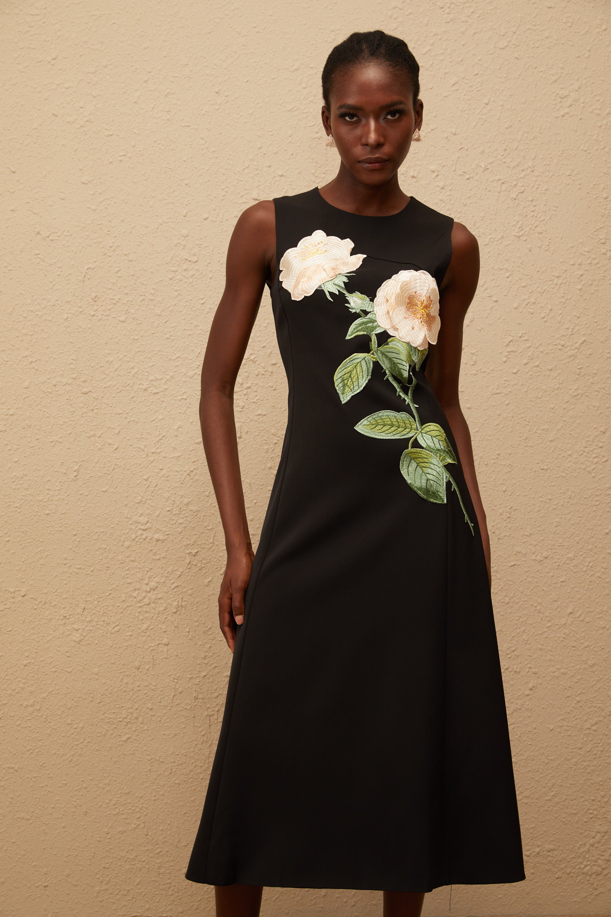 Mackenzie Black Floral Embroidered Midi Dress