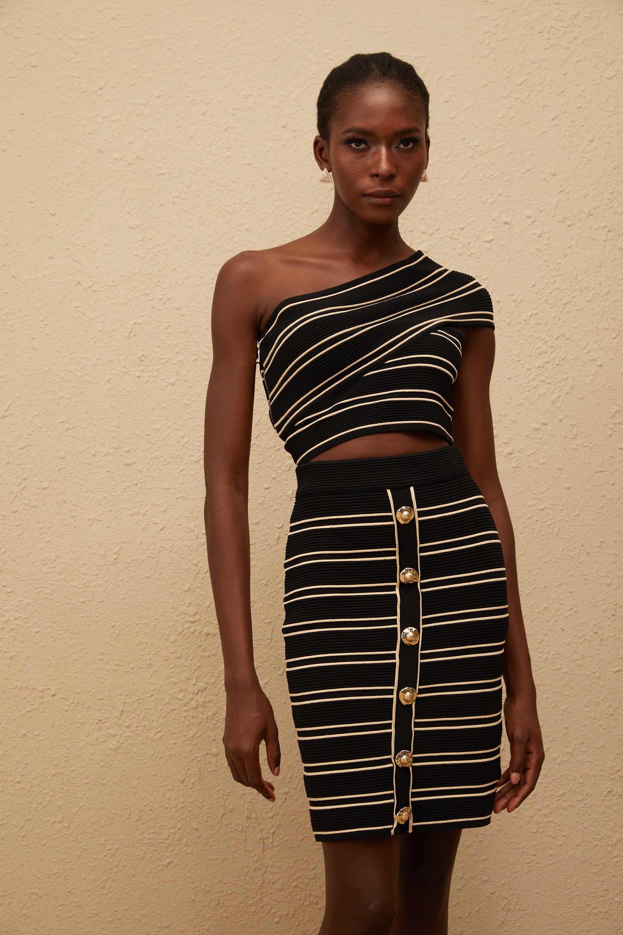 Faustine Black Striped Knit Top & Skirt Set