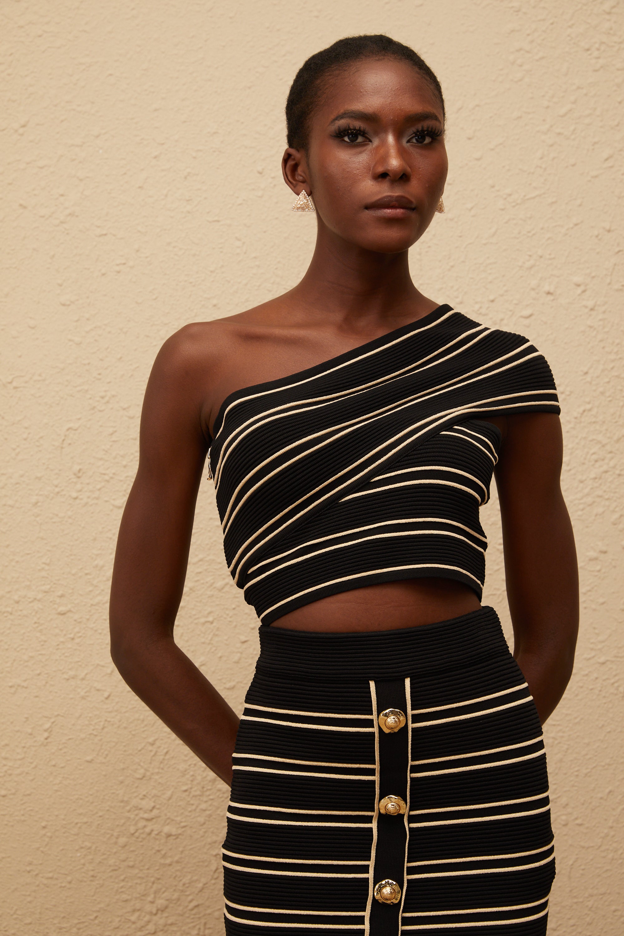 Faustine Black Striped Knit Top & Skirt Set