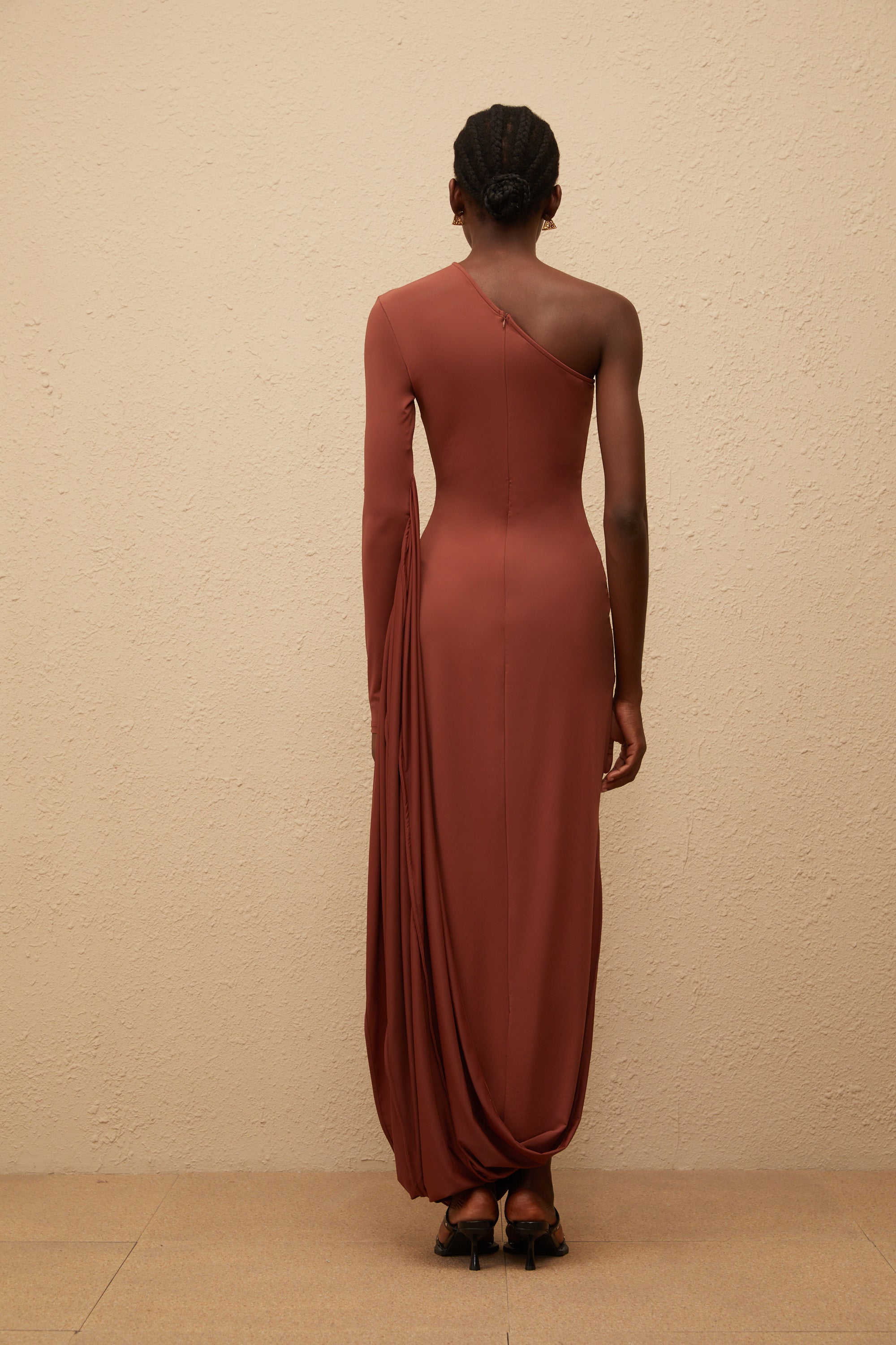 Aikaterini Brown Asymmetrical Draped Panel Midi Dress