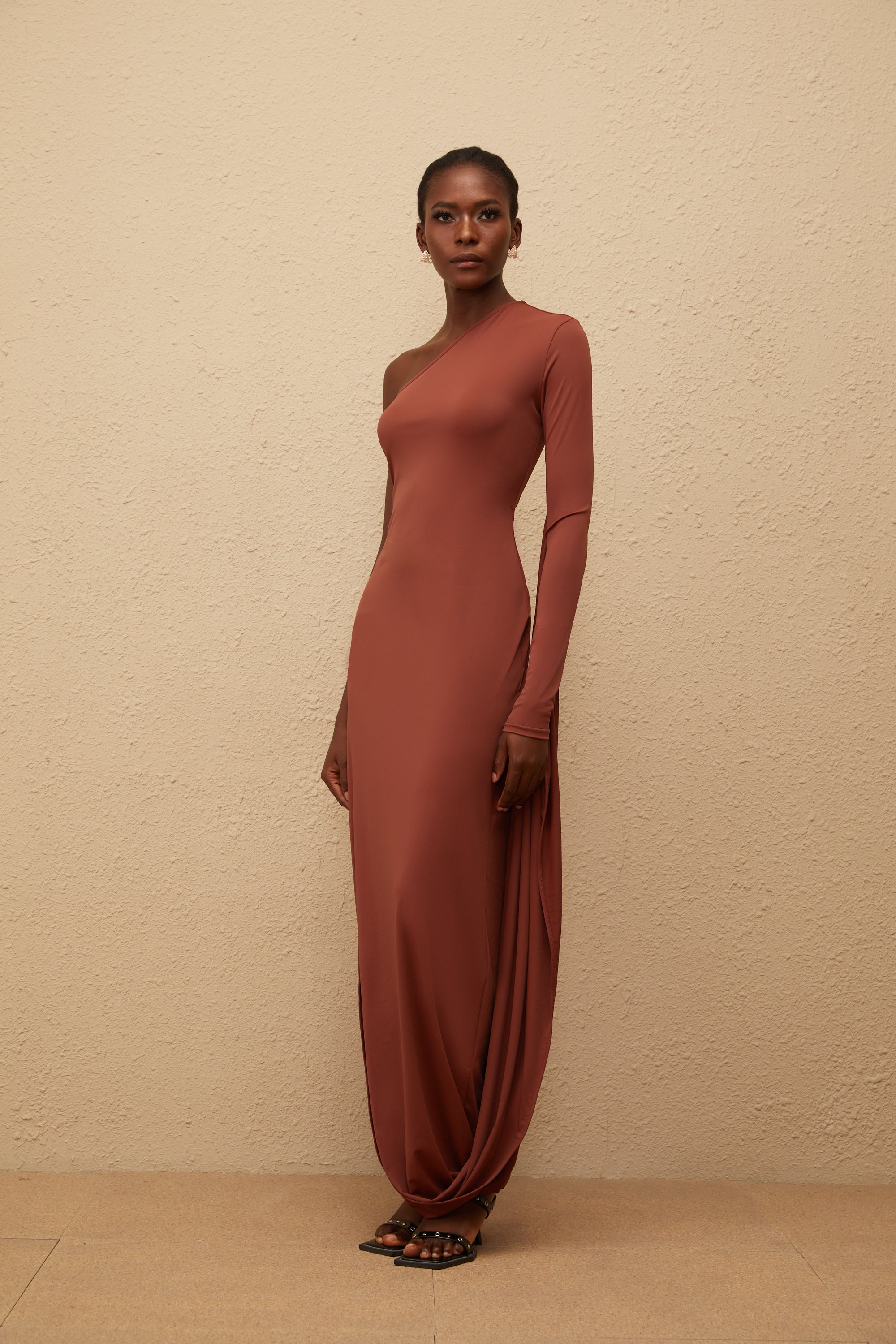 Aikaterini Brown Asymmetrical Draped Panel Midi Dress