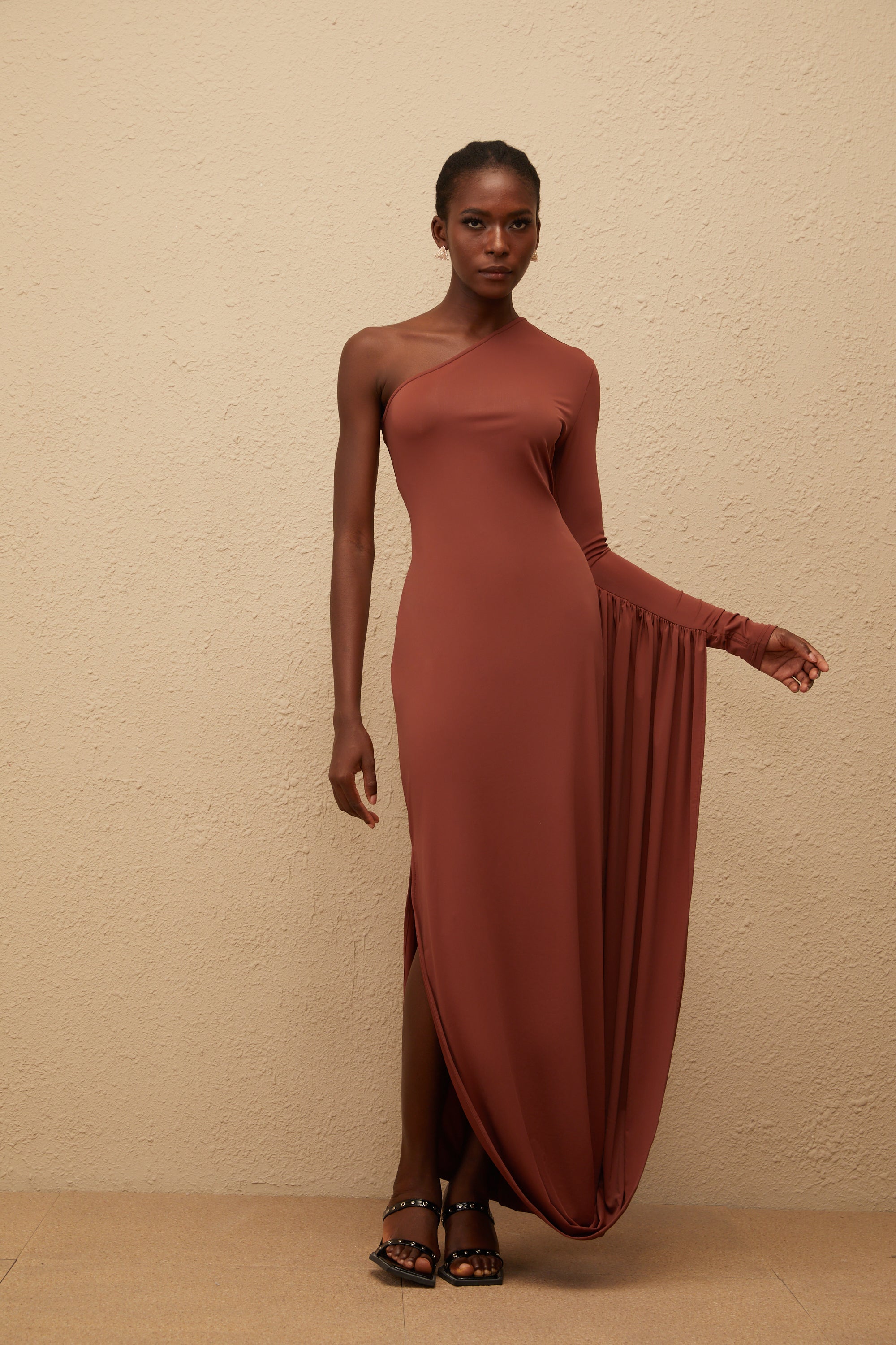 Aikaterini Brown Asymmetrical Draped Panel Midi Dress