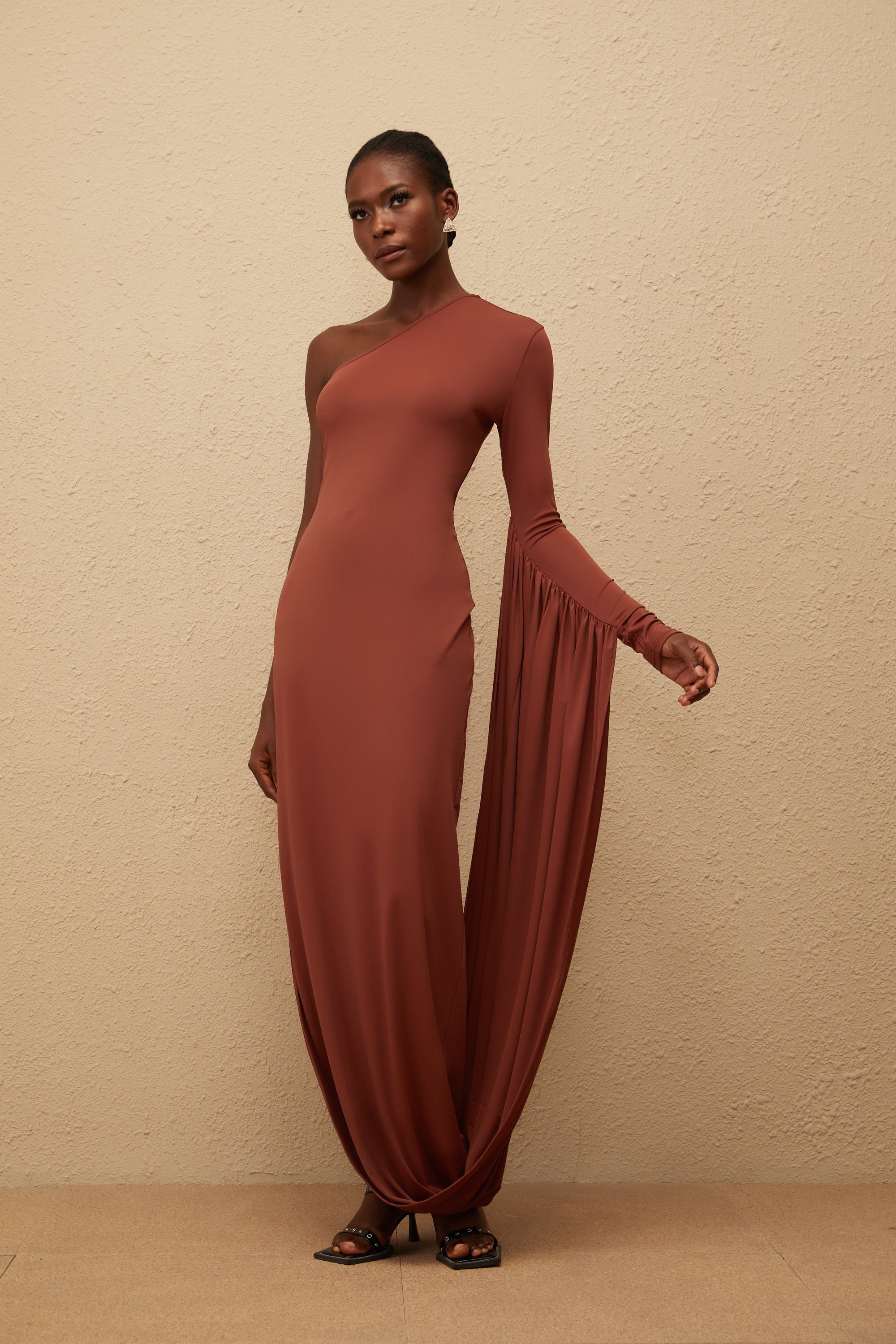 Aikaterini Brown Asymmetrical Draped Panel Midi Dress
