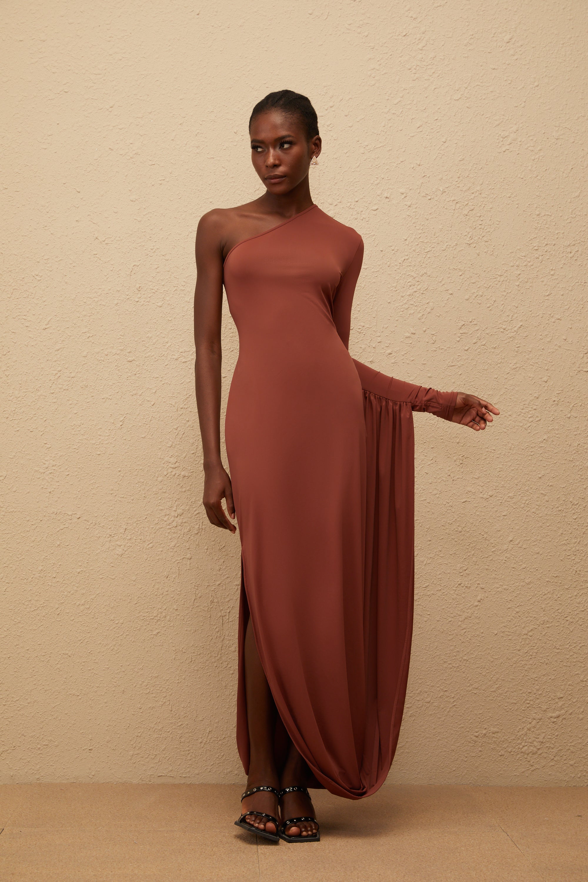Aikaterini Brown Asymmetrical Draped Panel Midi Dress