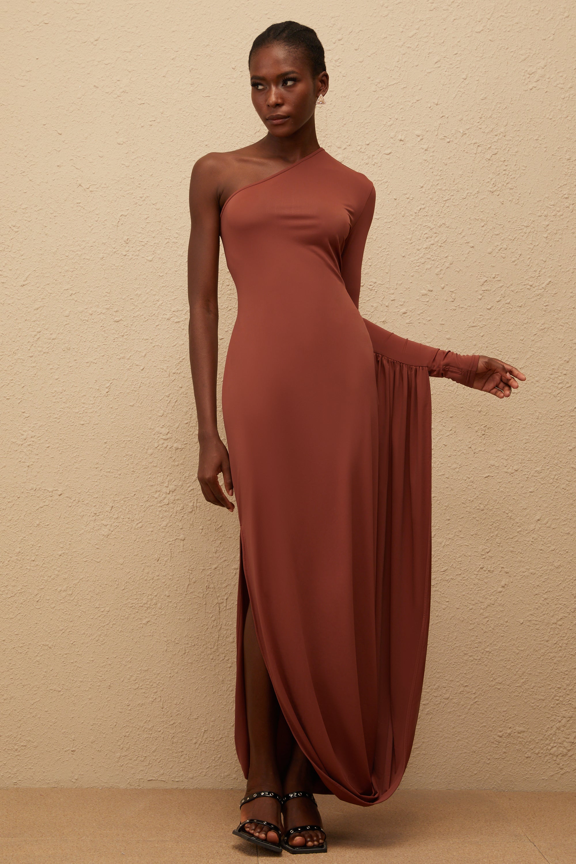 Aikaterini Brown Asymmetrical Draped Panel Midi Dress