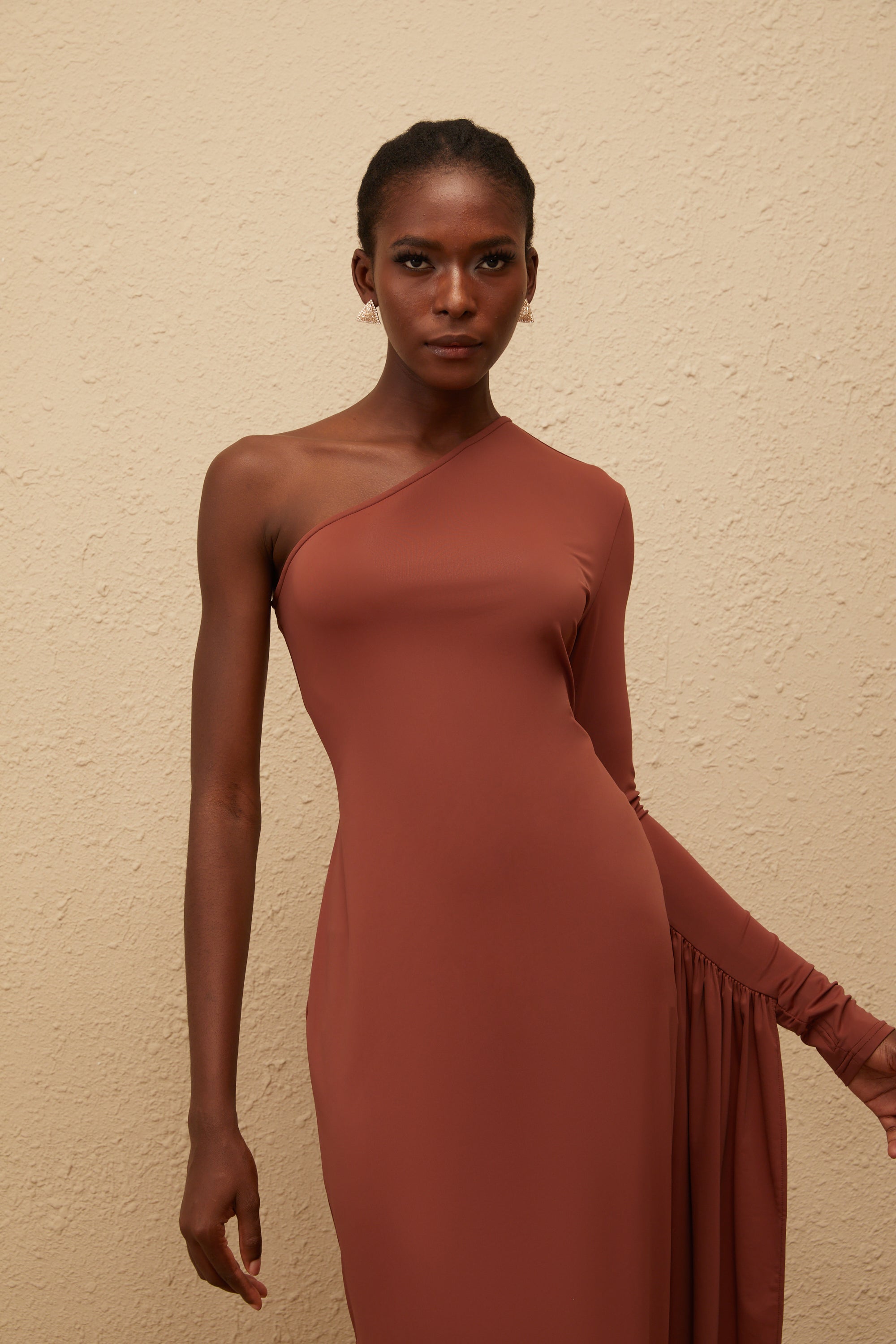 Aikaterini Brown Asymmetrical Draped Panel Midi Dress