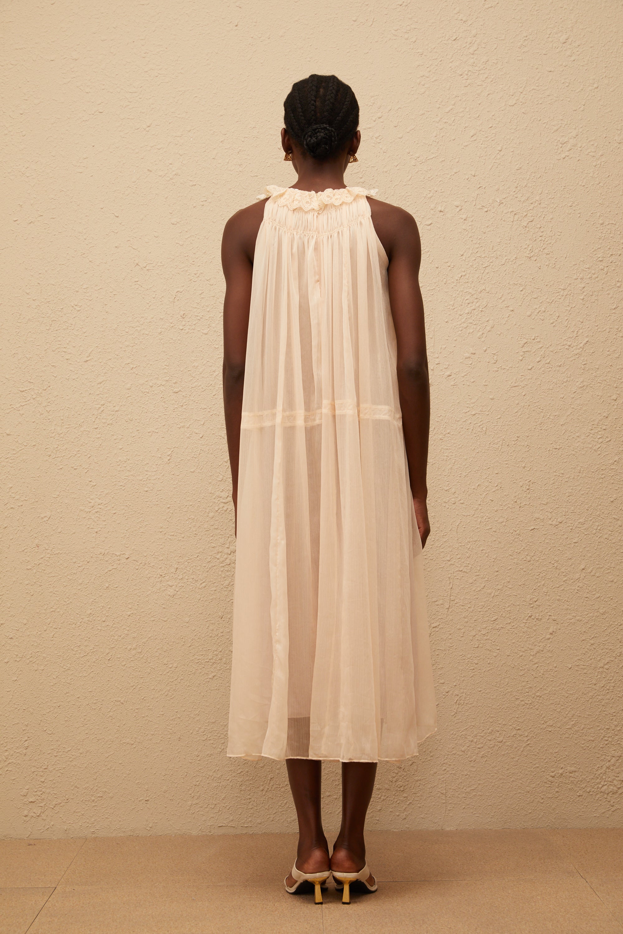 Orélie Neutral Pleated Chiffon Midi Dress