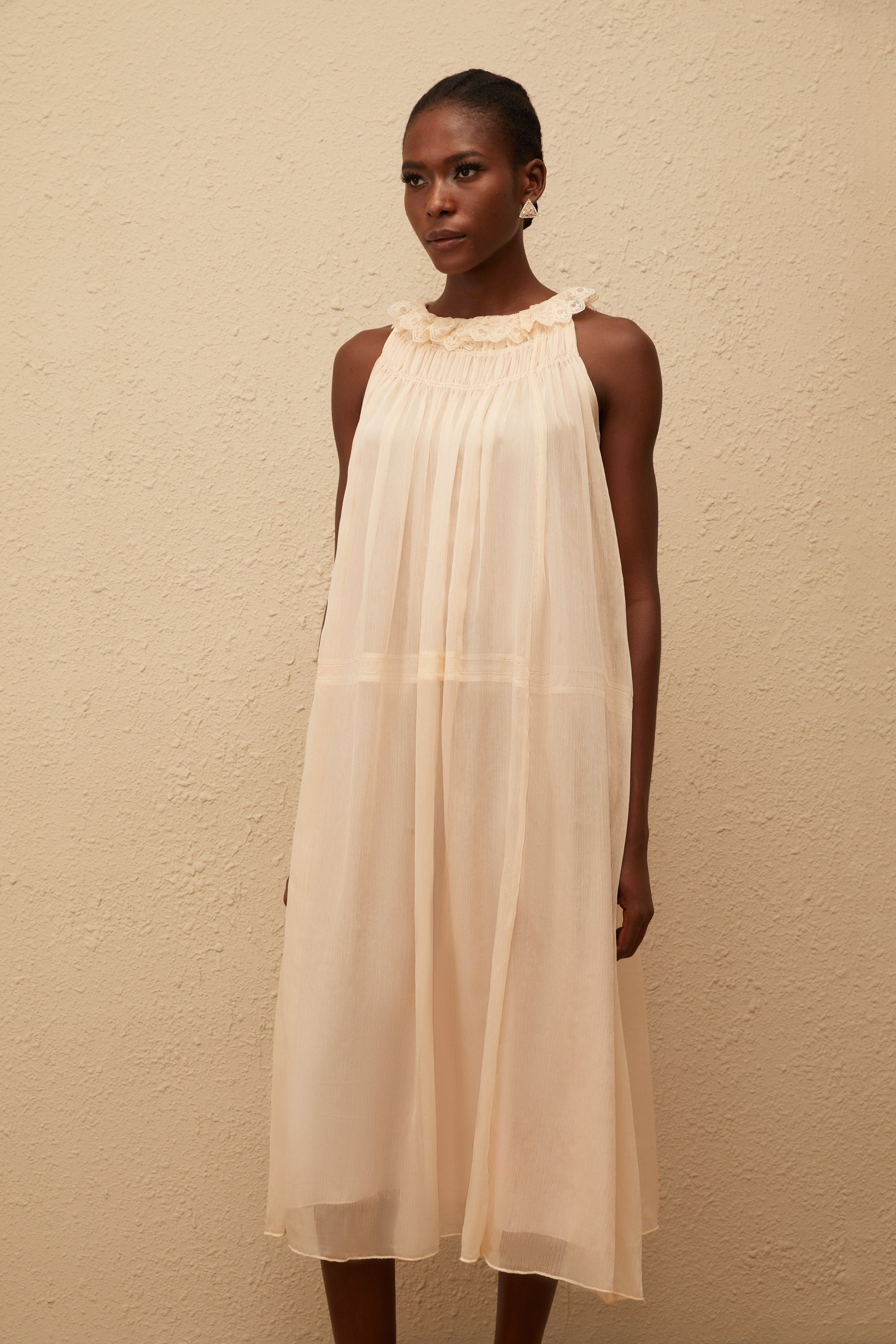 Orélie Neutral Pleated Chiffon Midi Dress