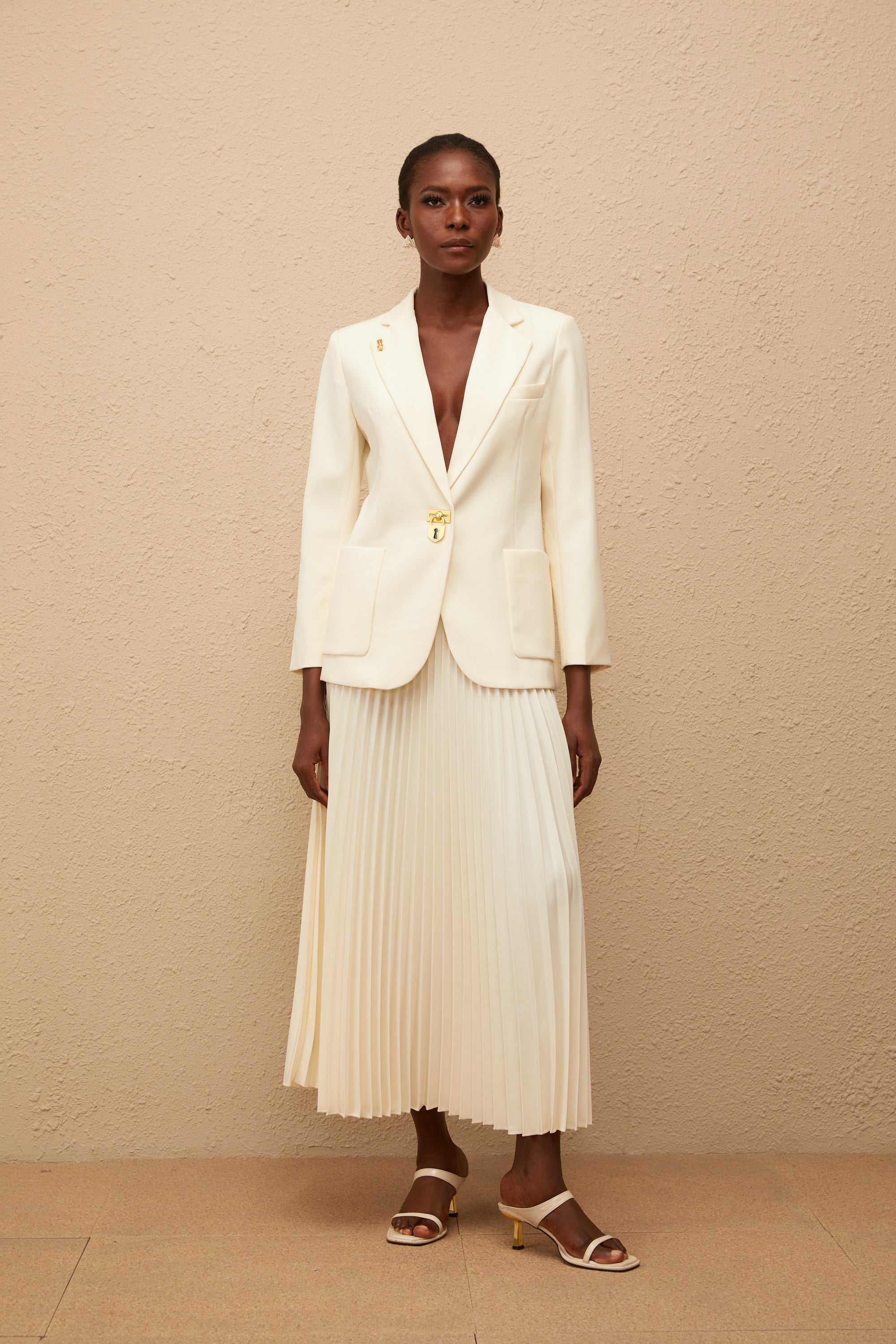 Léonide Neutral Lock Detail Blazer & Skirt Set