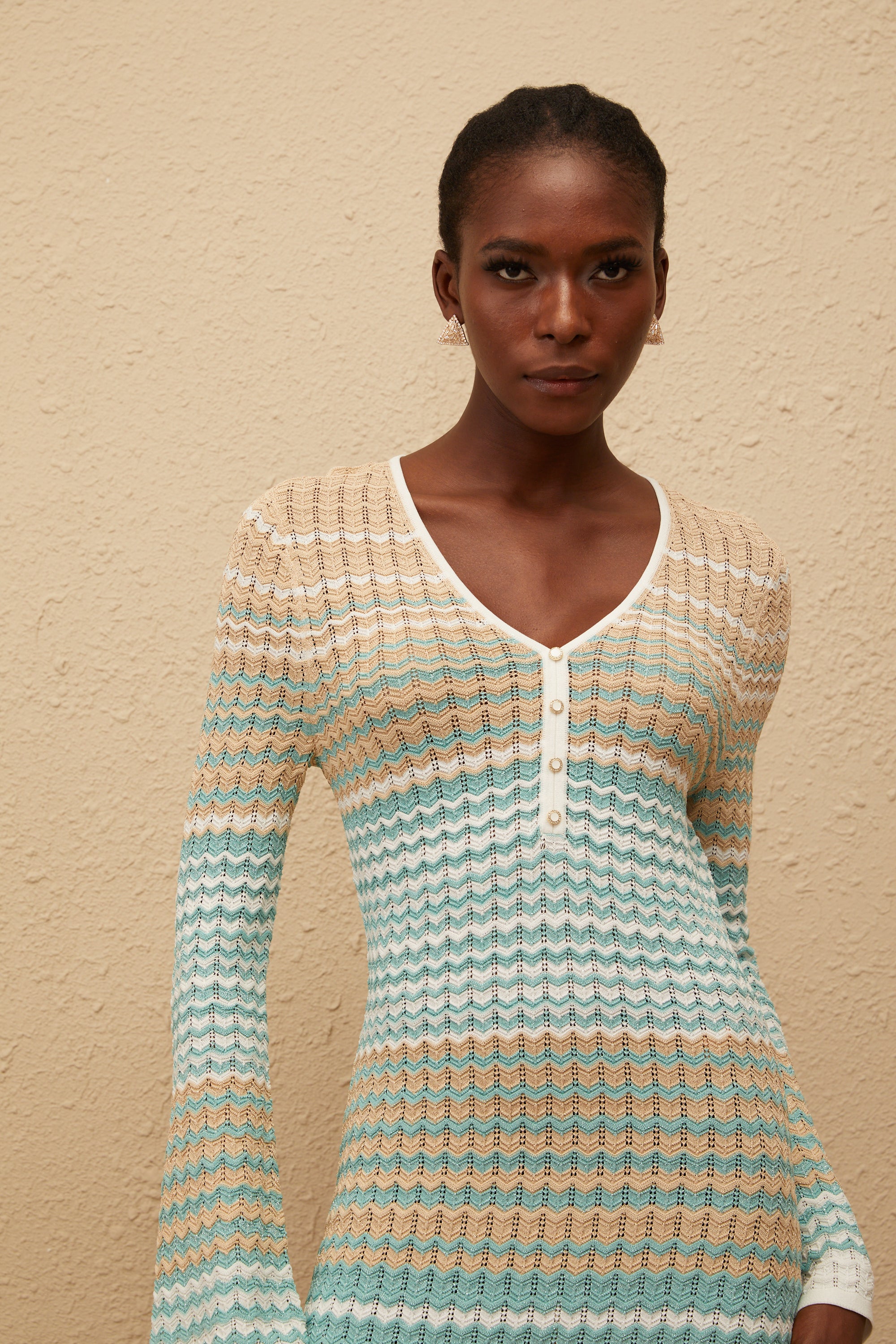 Pélagie Green Wavy Crochet Knit Mini Dress