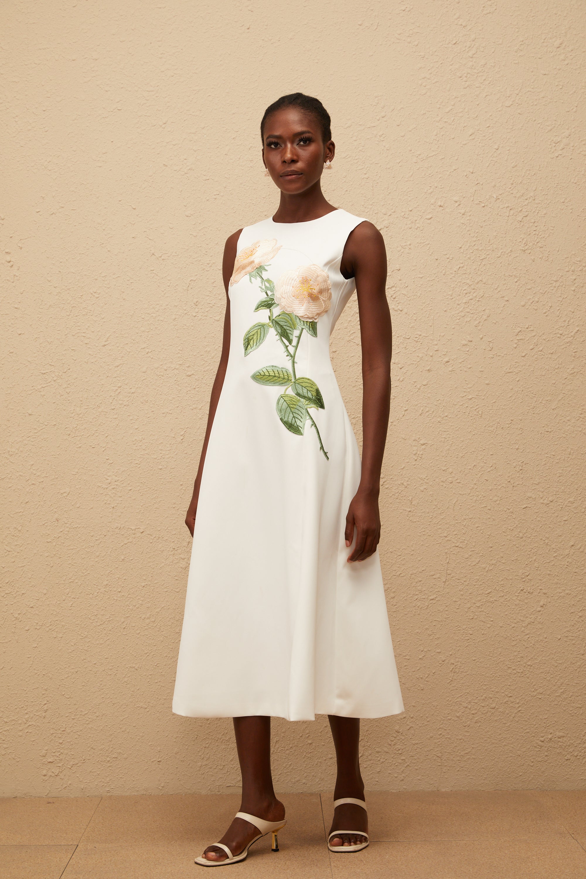 Mackenzie White Floral Embroidered Midi Dress