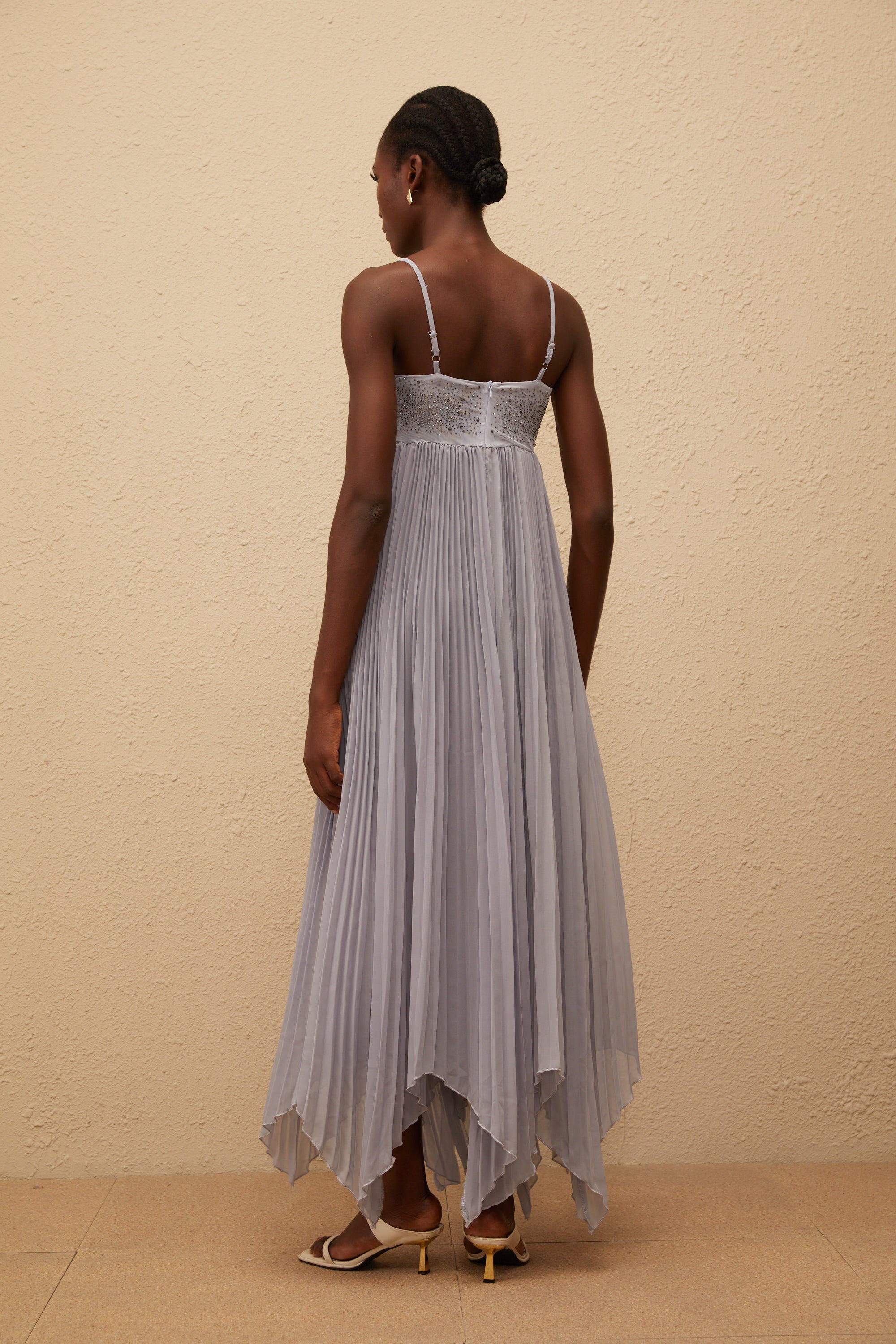 Léa Grey Rhinestone Embellished Pleated Maxi Dress