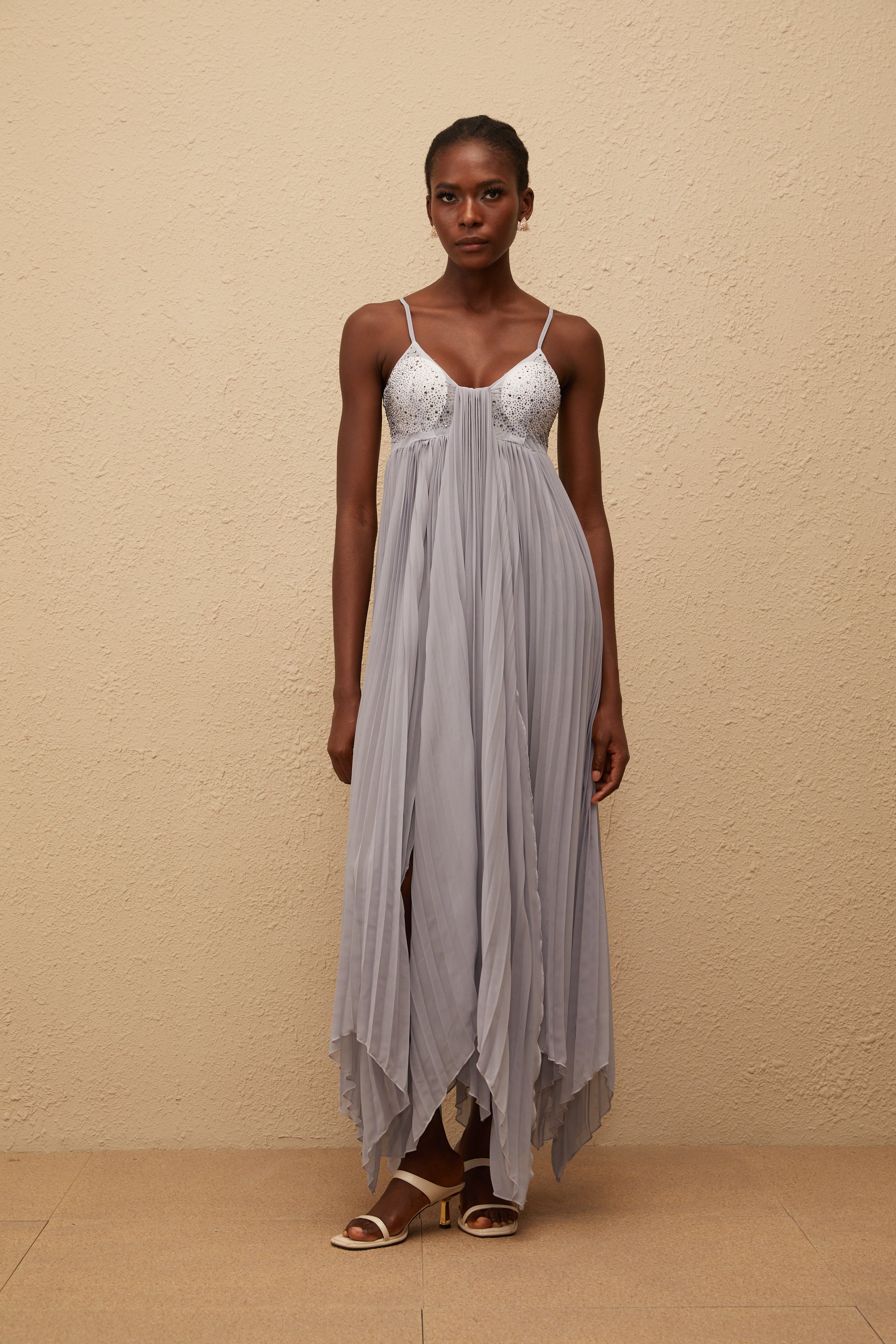 Léa Grey Rhinestone Embellished Pleated Maxi Dress