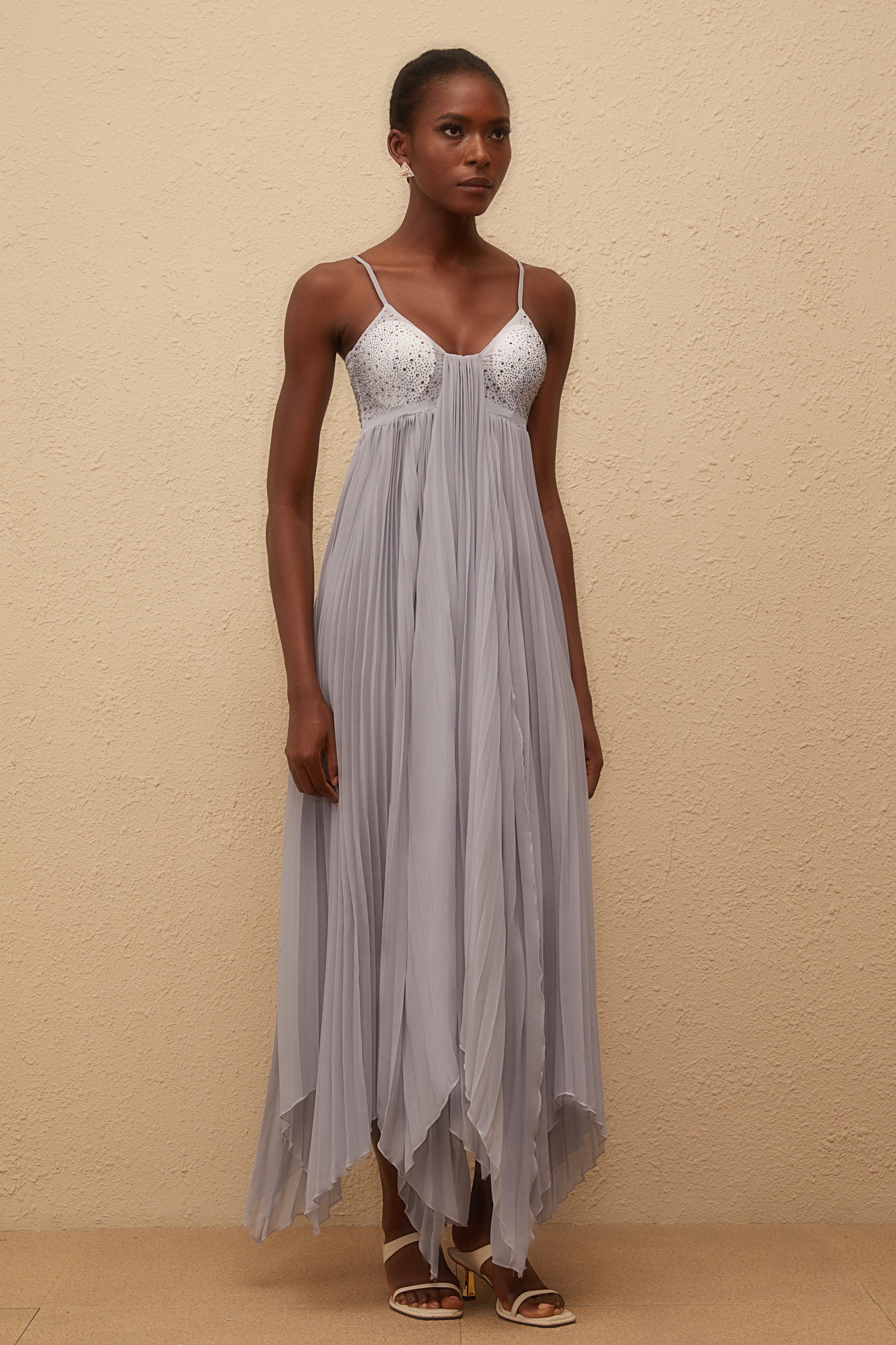 Léa Grey Rhinestone Embellished Pleated Maxi Dress