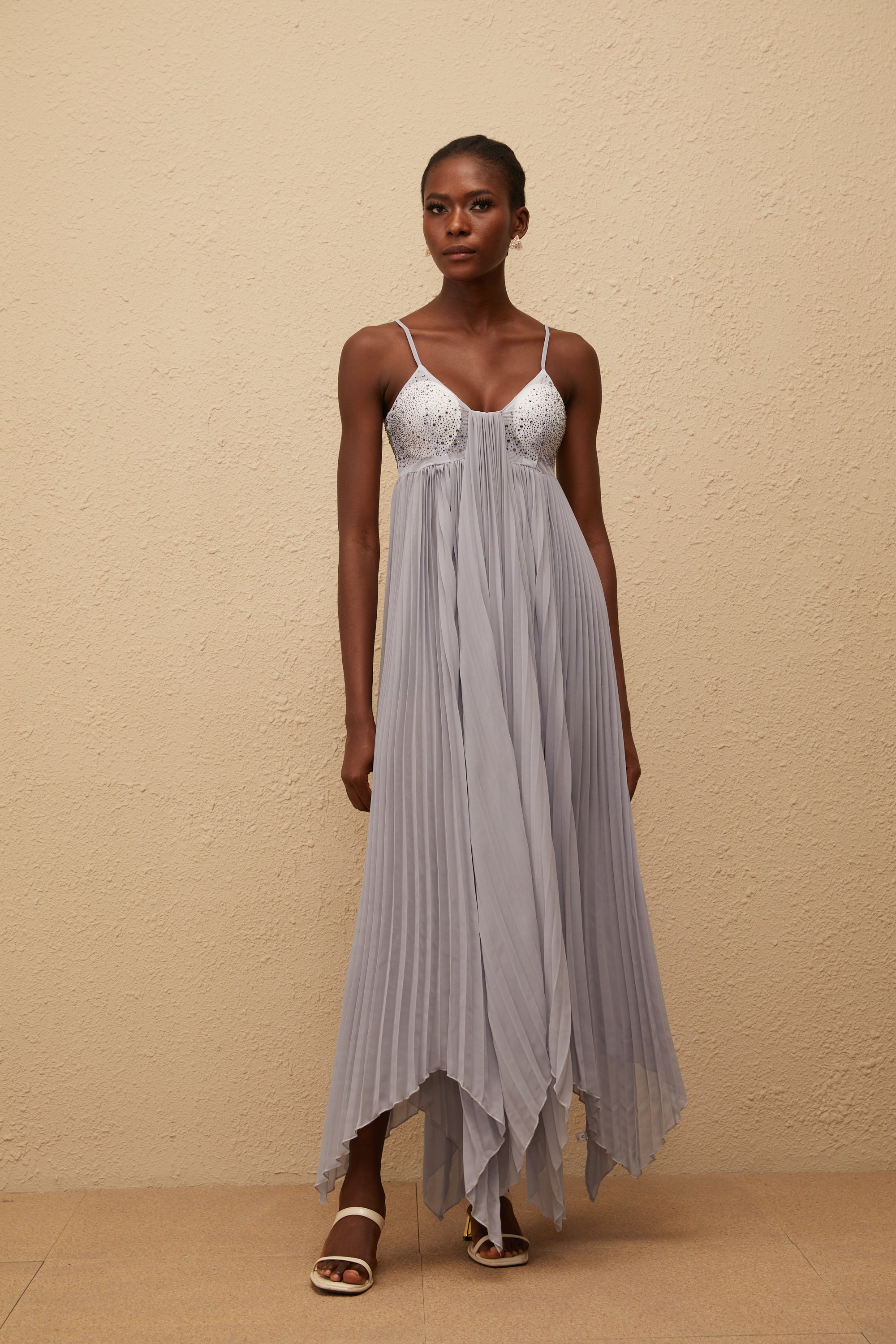 Léa Grey Rhinestone Embellished Pleated Maxi Dress