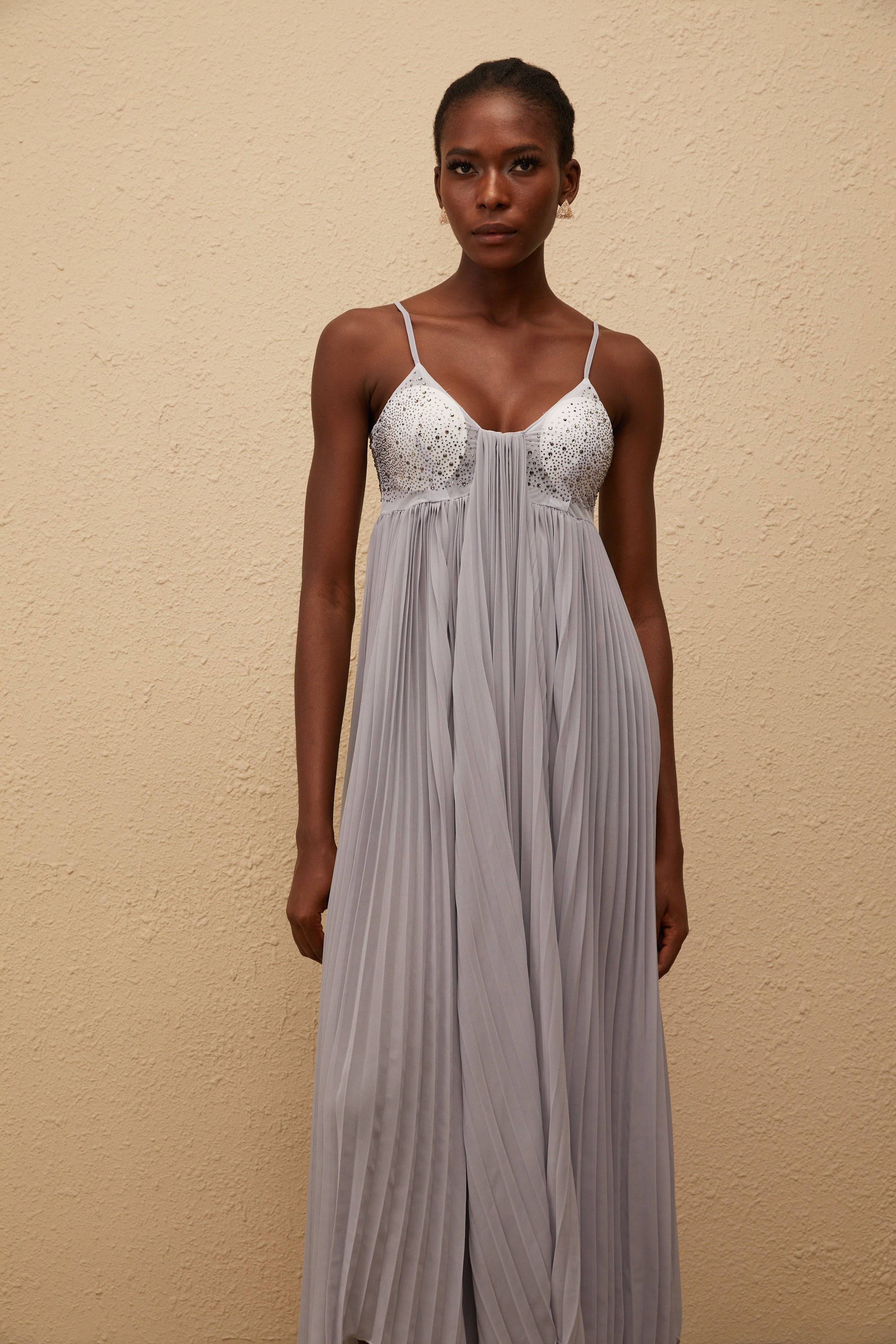 Léa Grey Rhinestone Embellished Pleated Maxi Dress
