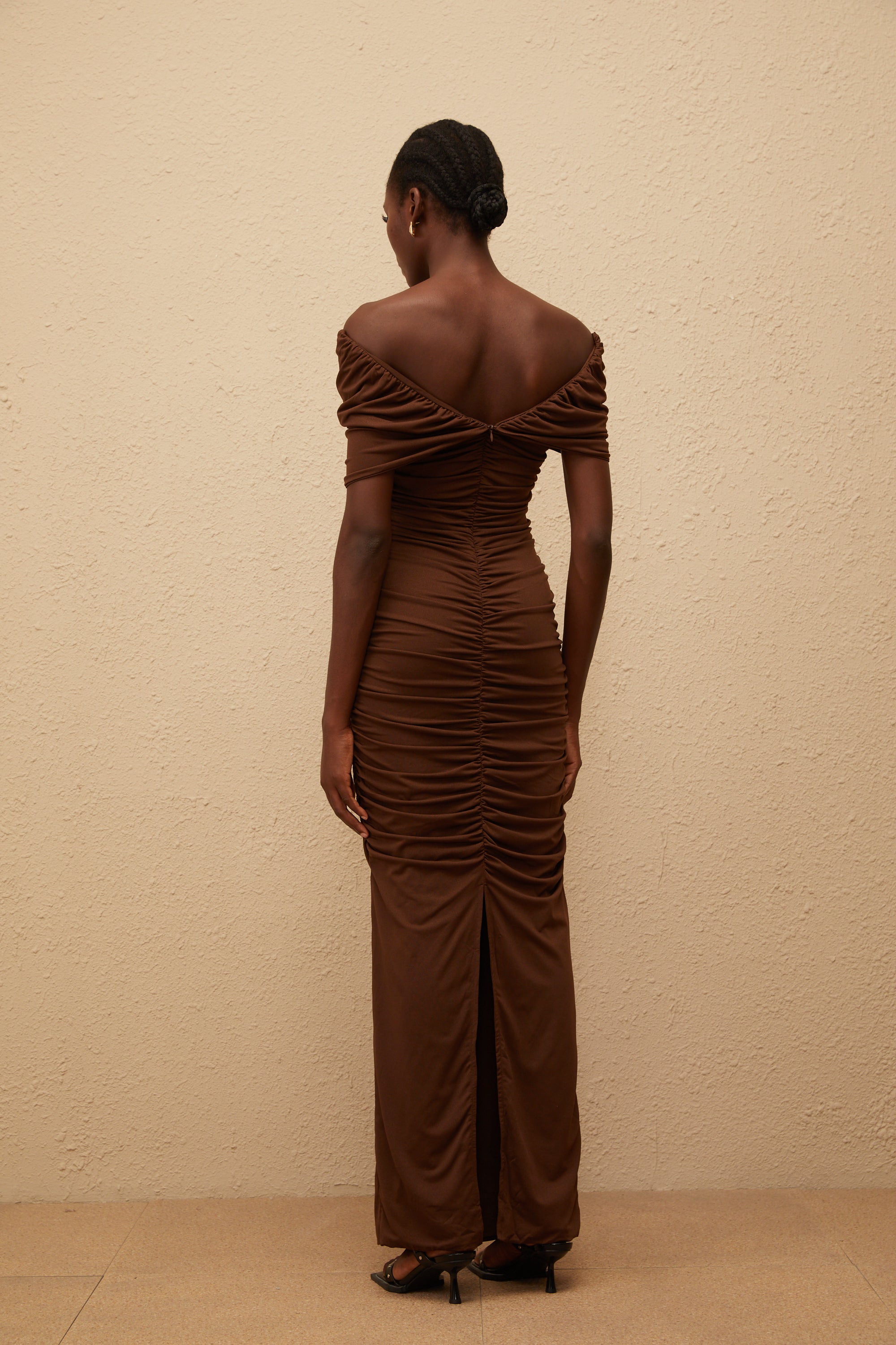 Liliane Brown Ruched Knit Maxi Dress