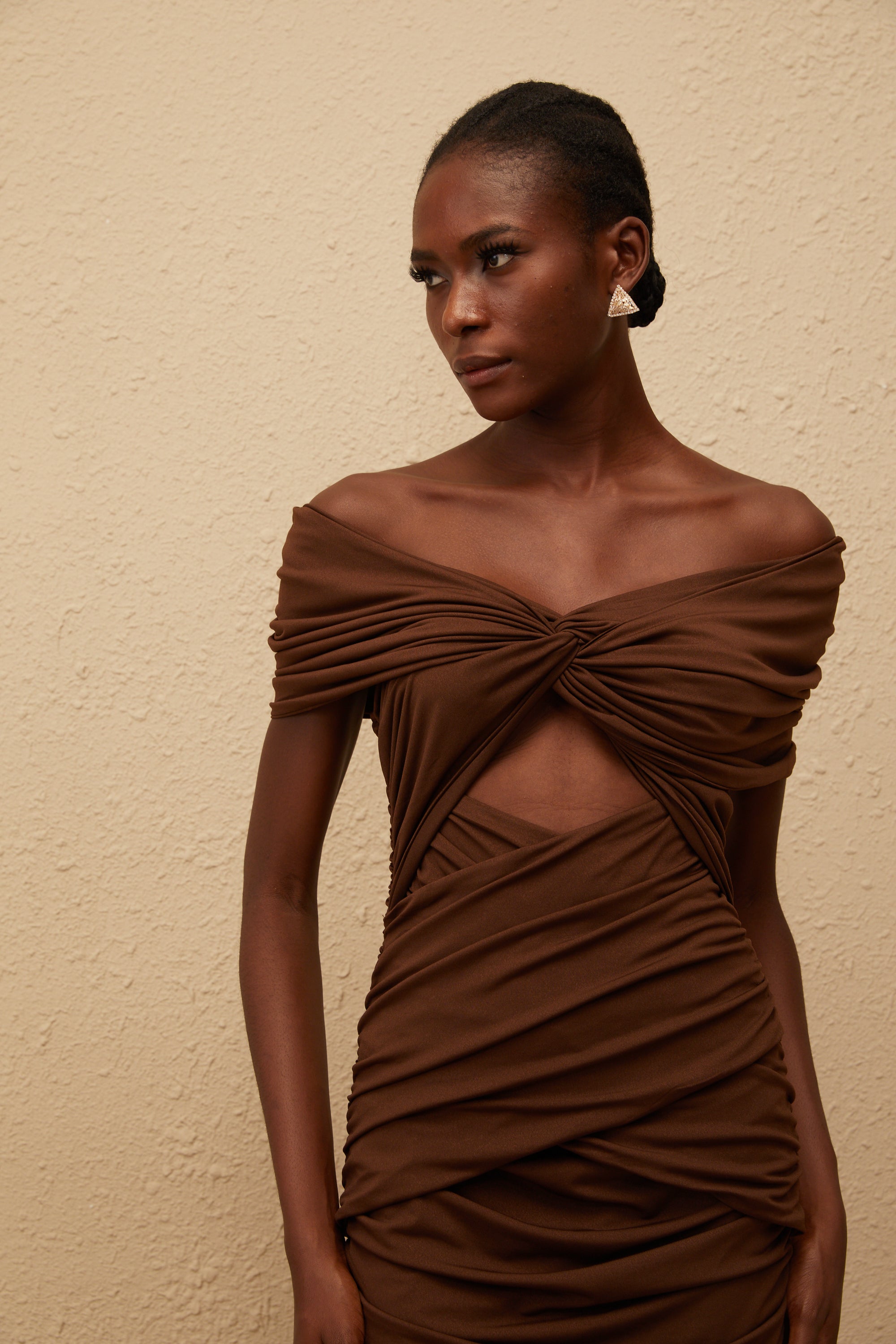 Liliane Brown Ruched Knit Maxi Dress