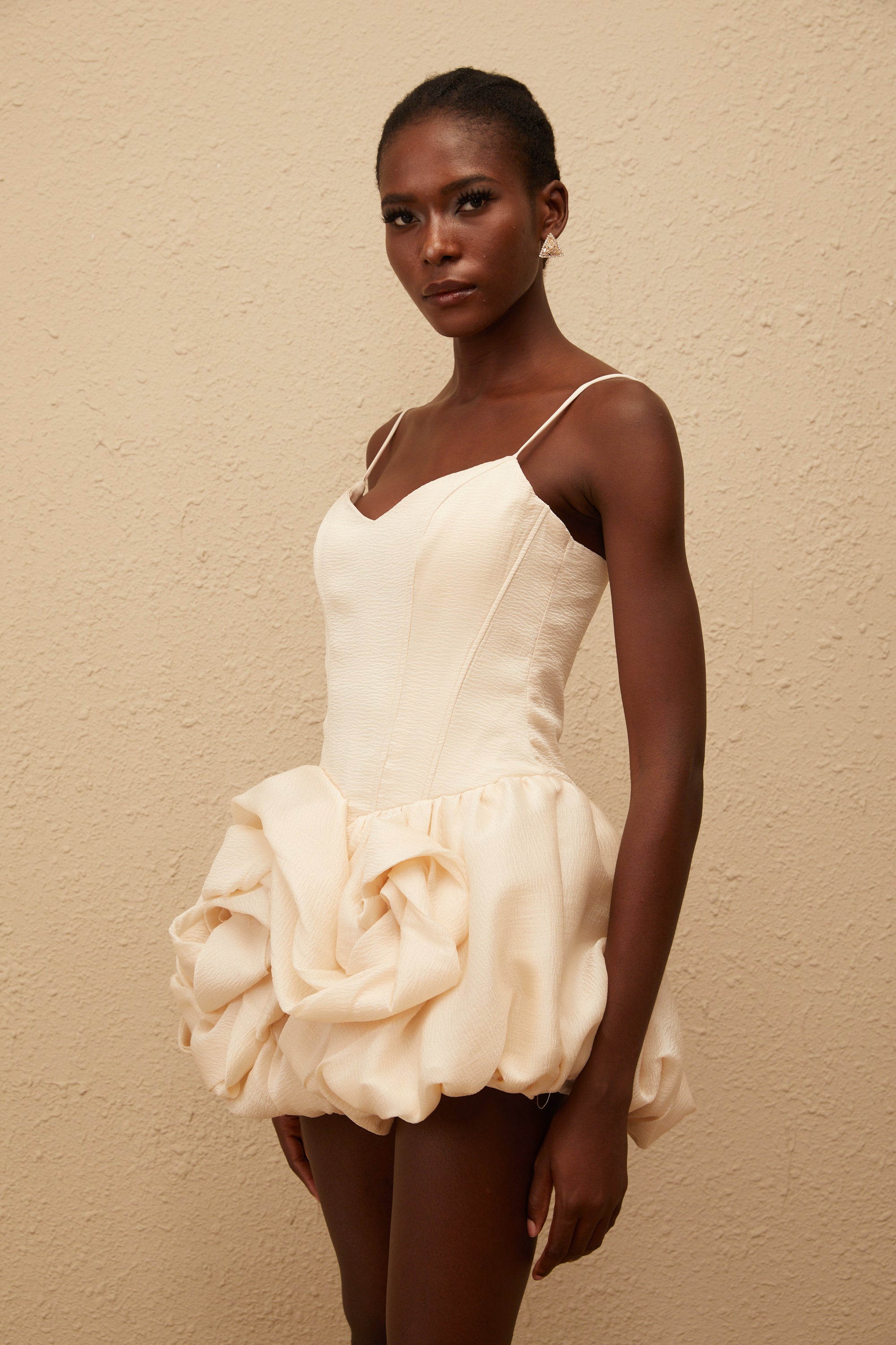 Melanie Neutral 3D Petal Bubble Mini Dress