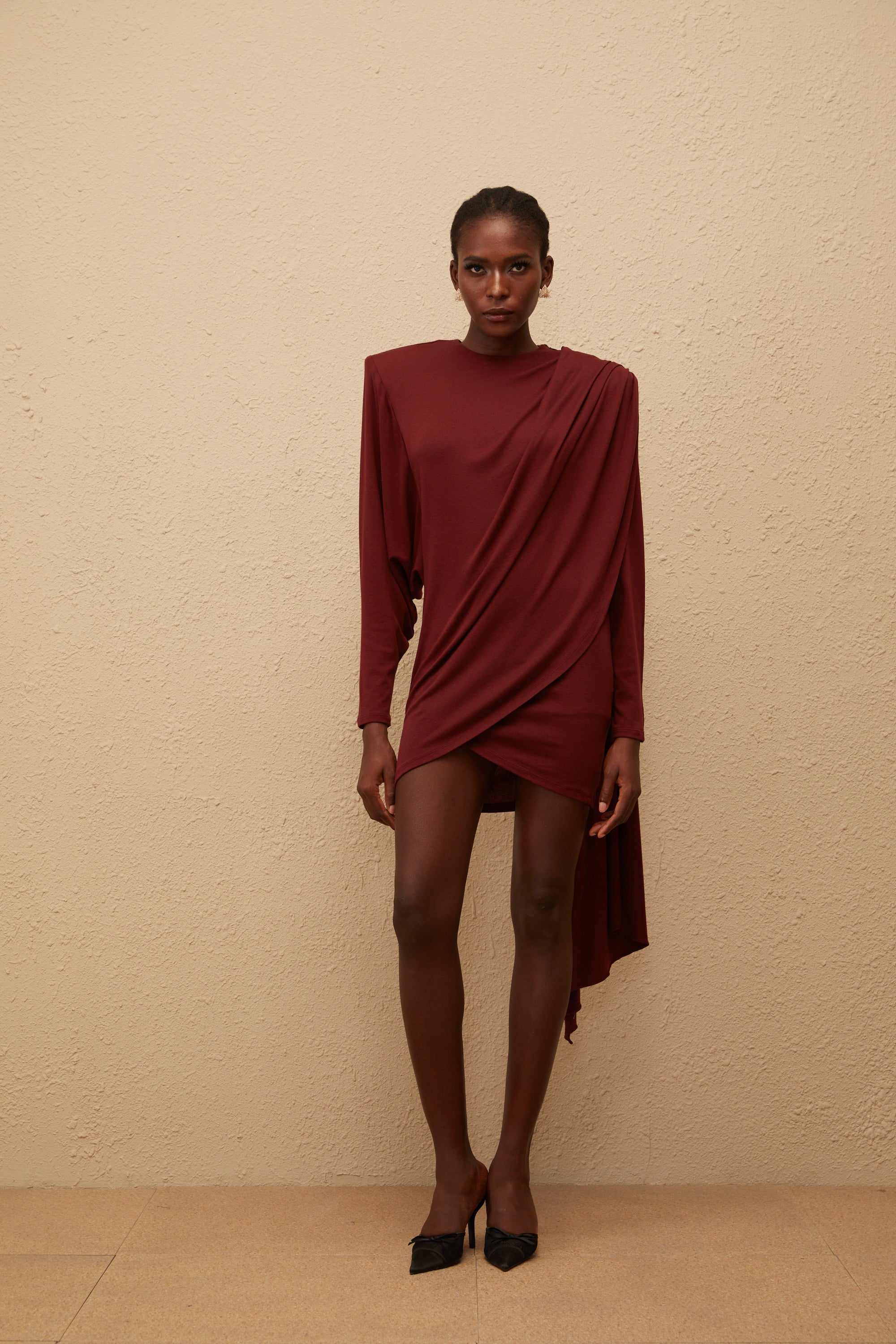 Garance Maroon Asymmetrical Knit Mini Dress