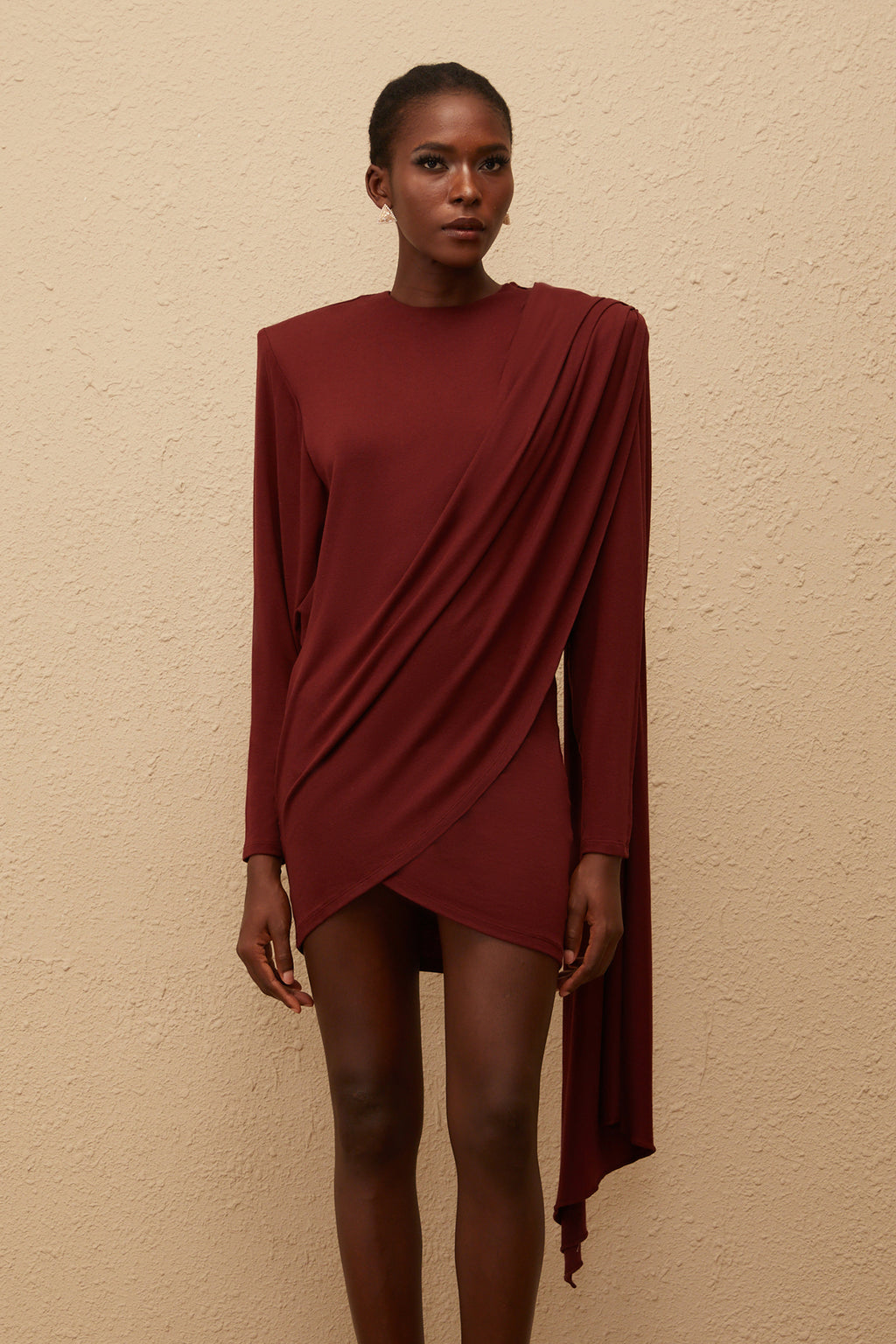Garance Maroon Asymmetrical Knit Mini Dress