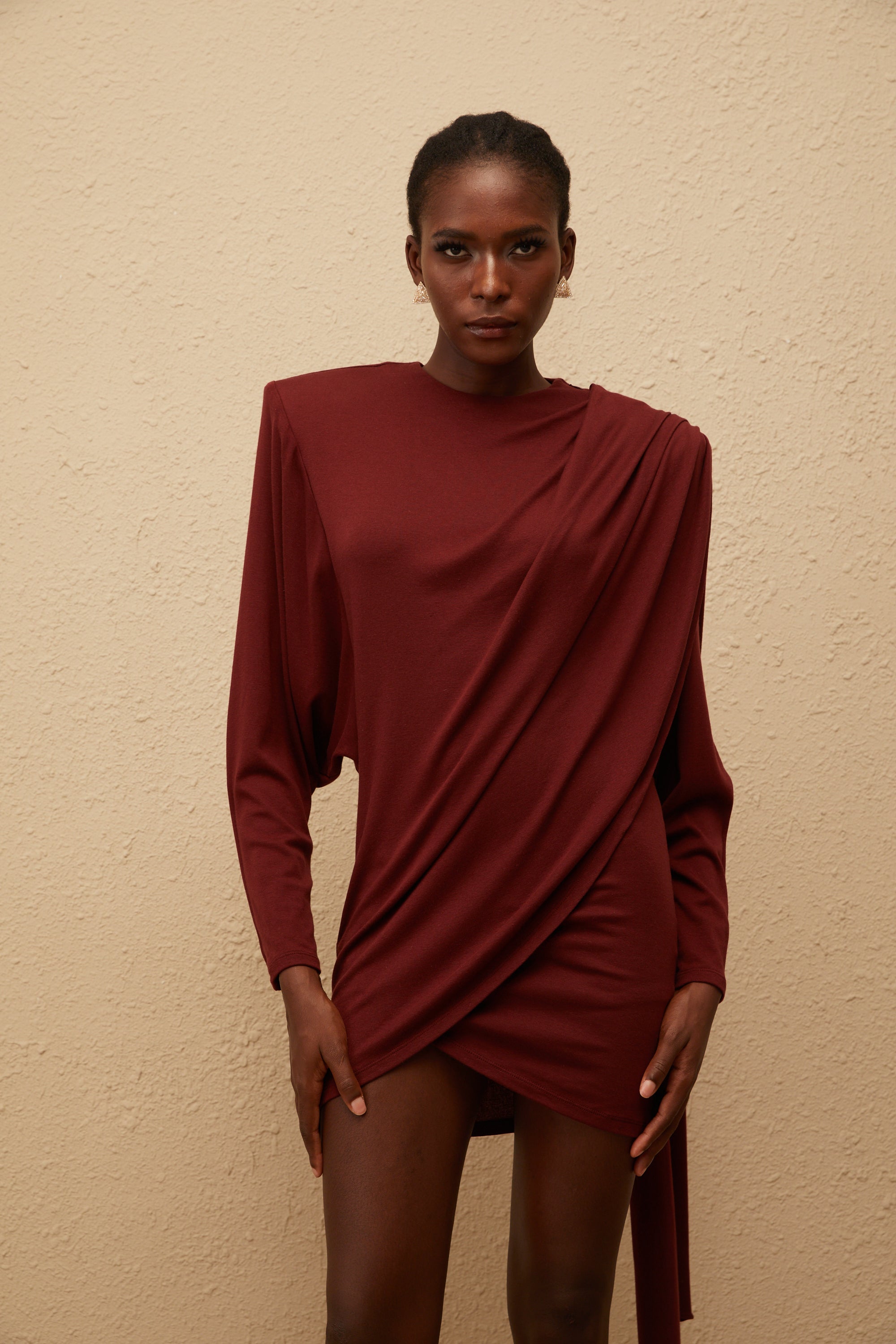 Garance Maroon Asymmetrical Knit Mini Dress