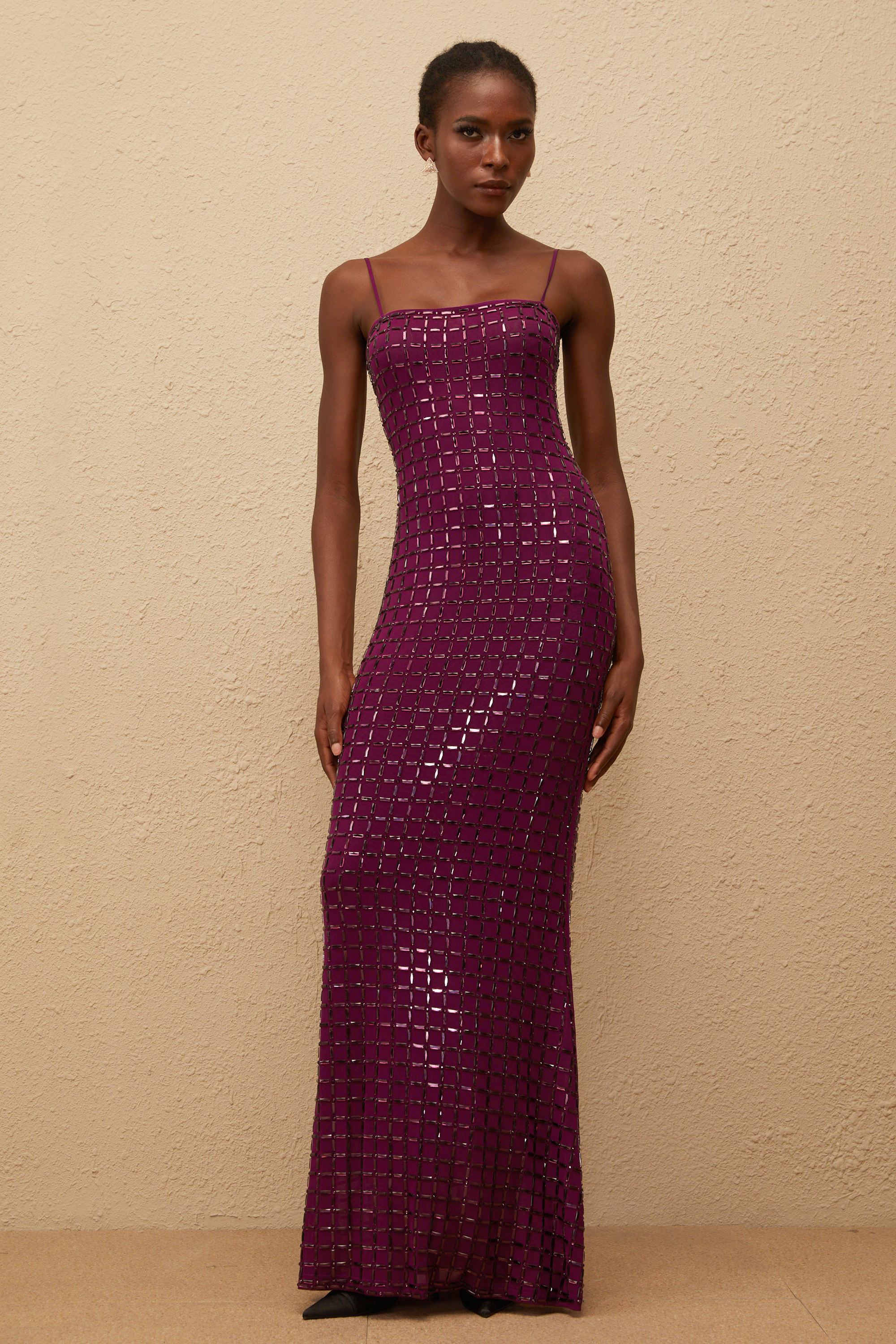 Térébenthine Lila Strass-Mesh-Maxikleid