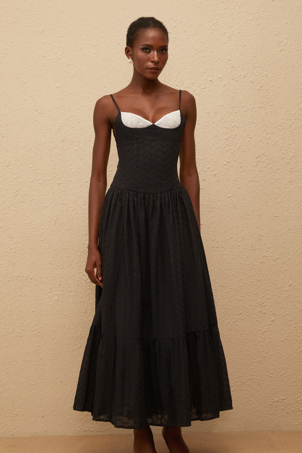 Coralia | Black Asymmetric-Neck Maxi Dress With Mesh Long-Sleeves