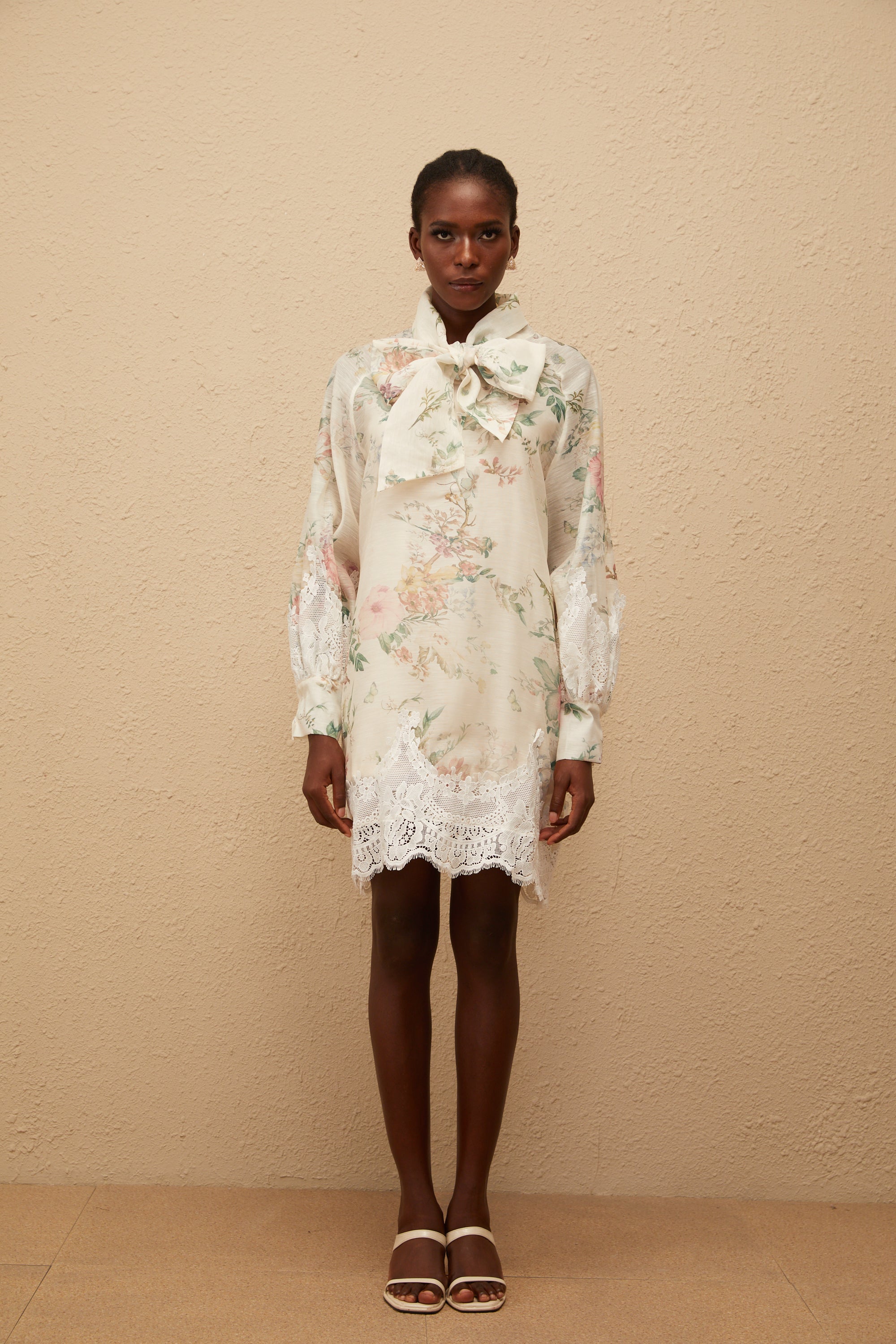 Isabelle Neutral Lace Trim Floral Mini Dress