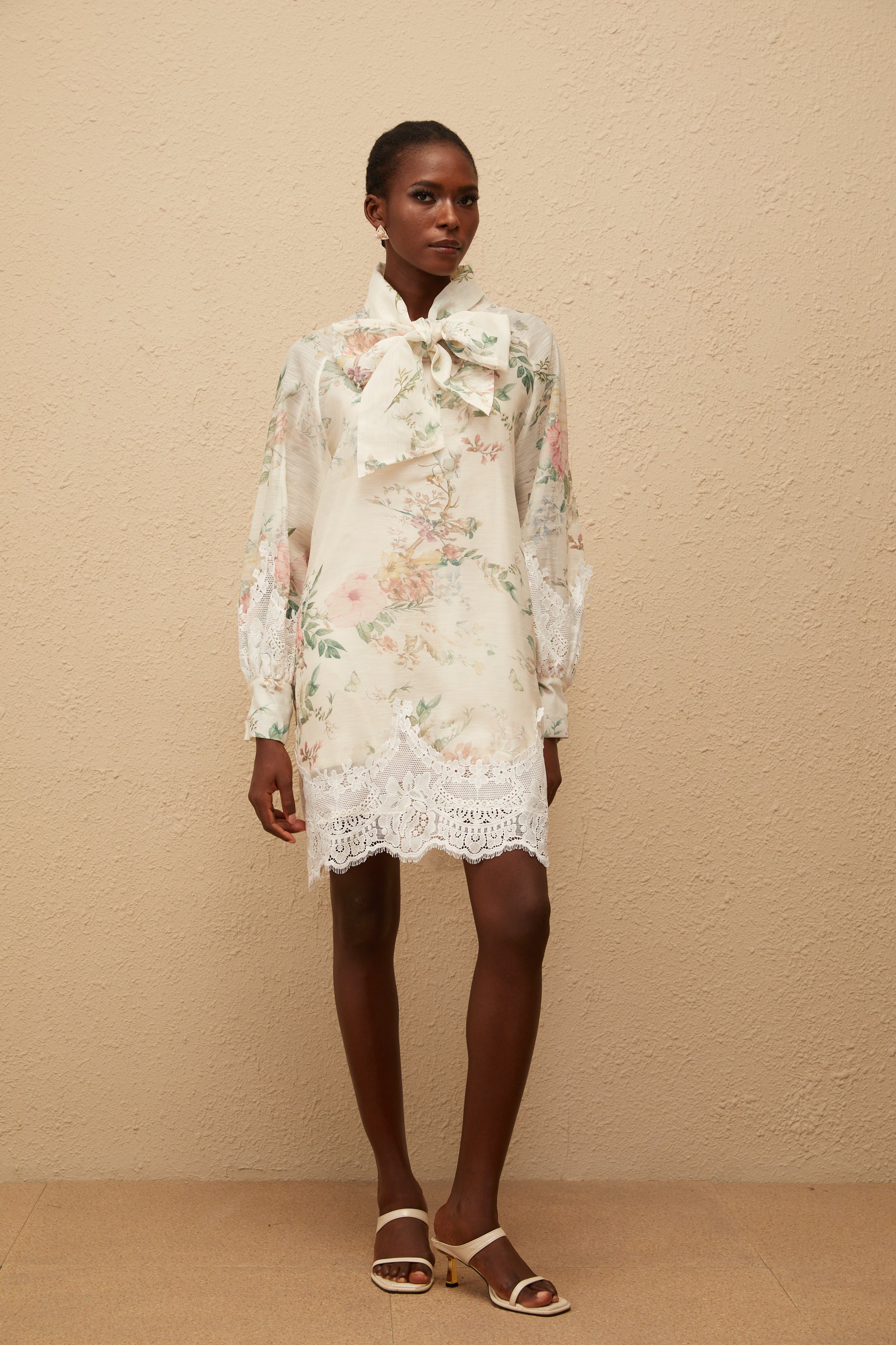 Isabelle Neutral Lace Trim Floral Mini Dress