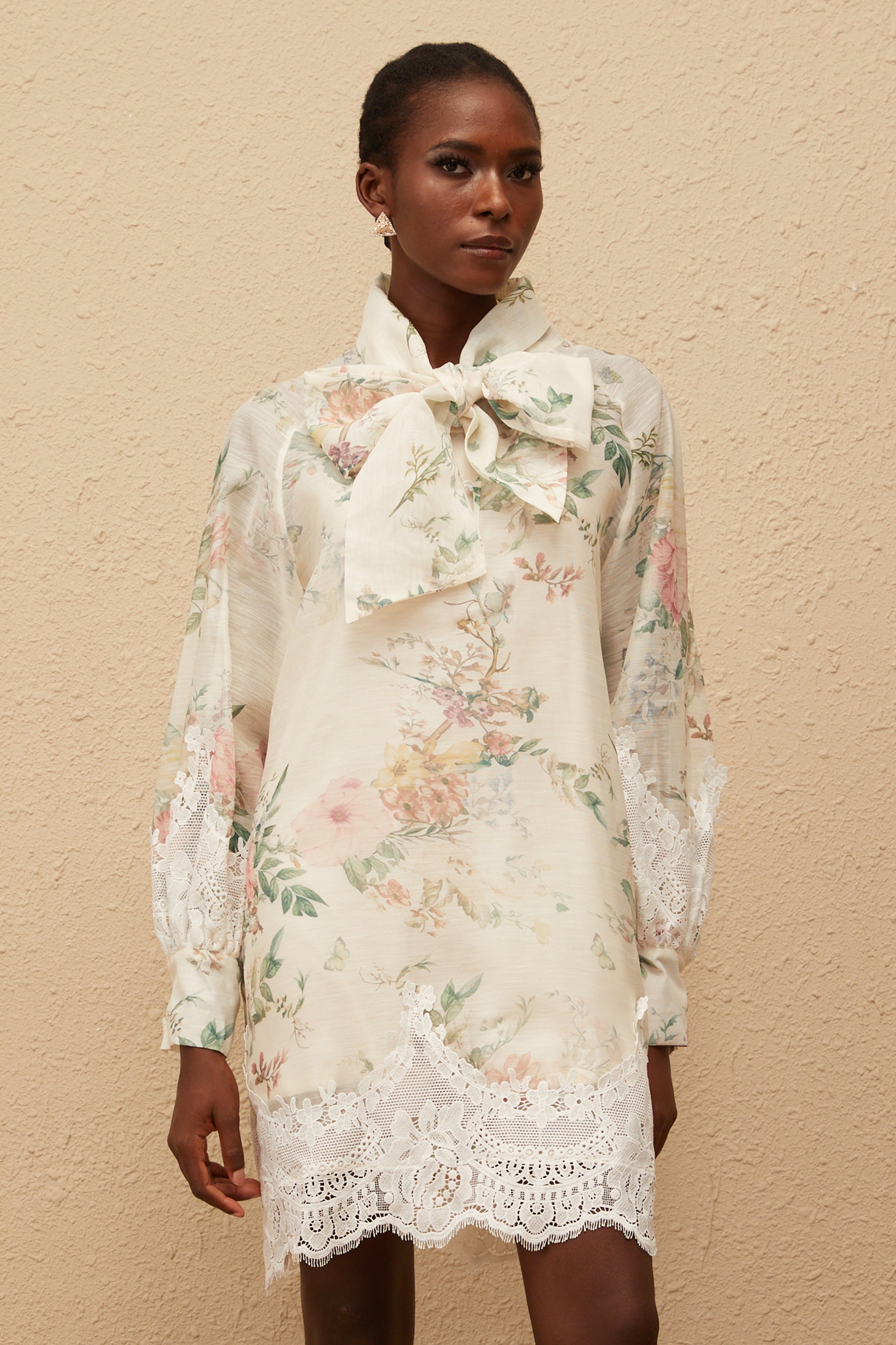 Isabelle Neutral Lace Trim Floral Mini Dress