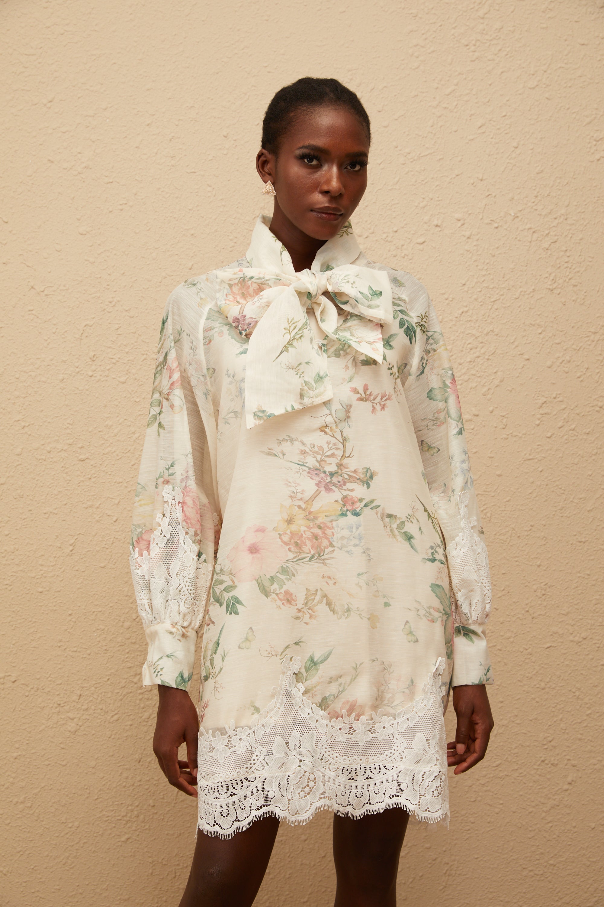 Isabelle Neutral Lace Trim Floral Mini Dress