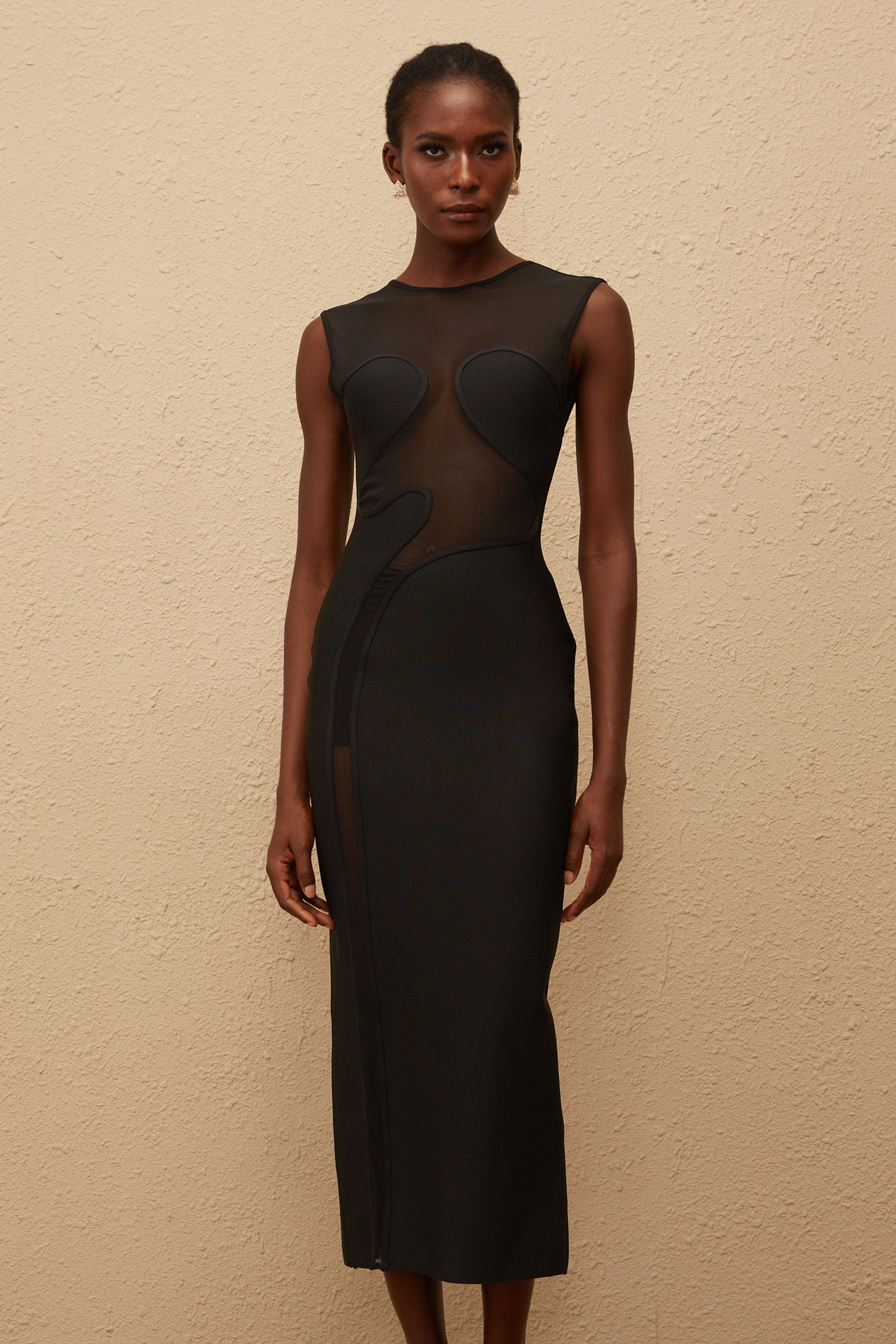 Cyrielle Schwarzes Mesh-Panel-Strick-Maxikleid