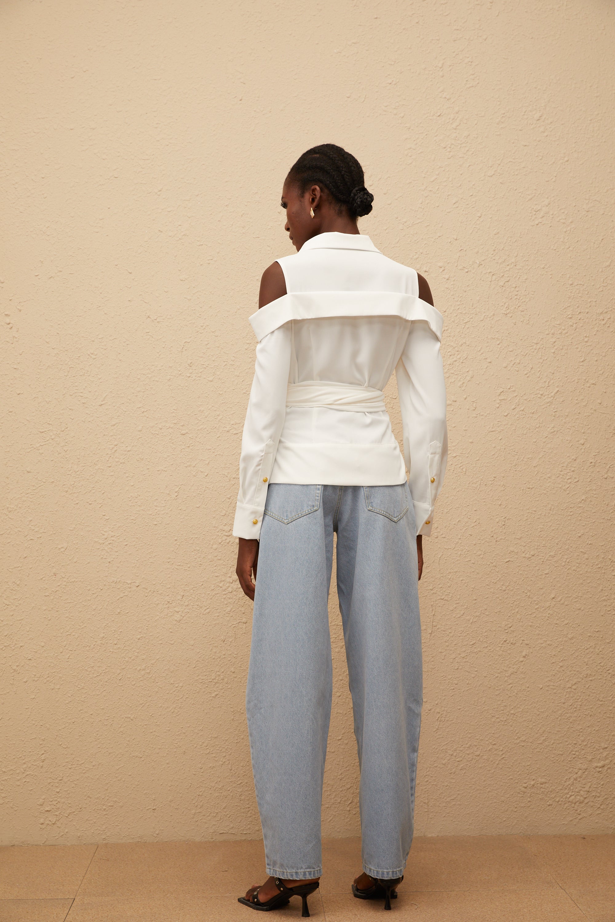 Valérie White Cold Shoulder Self Tie Shirt