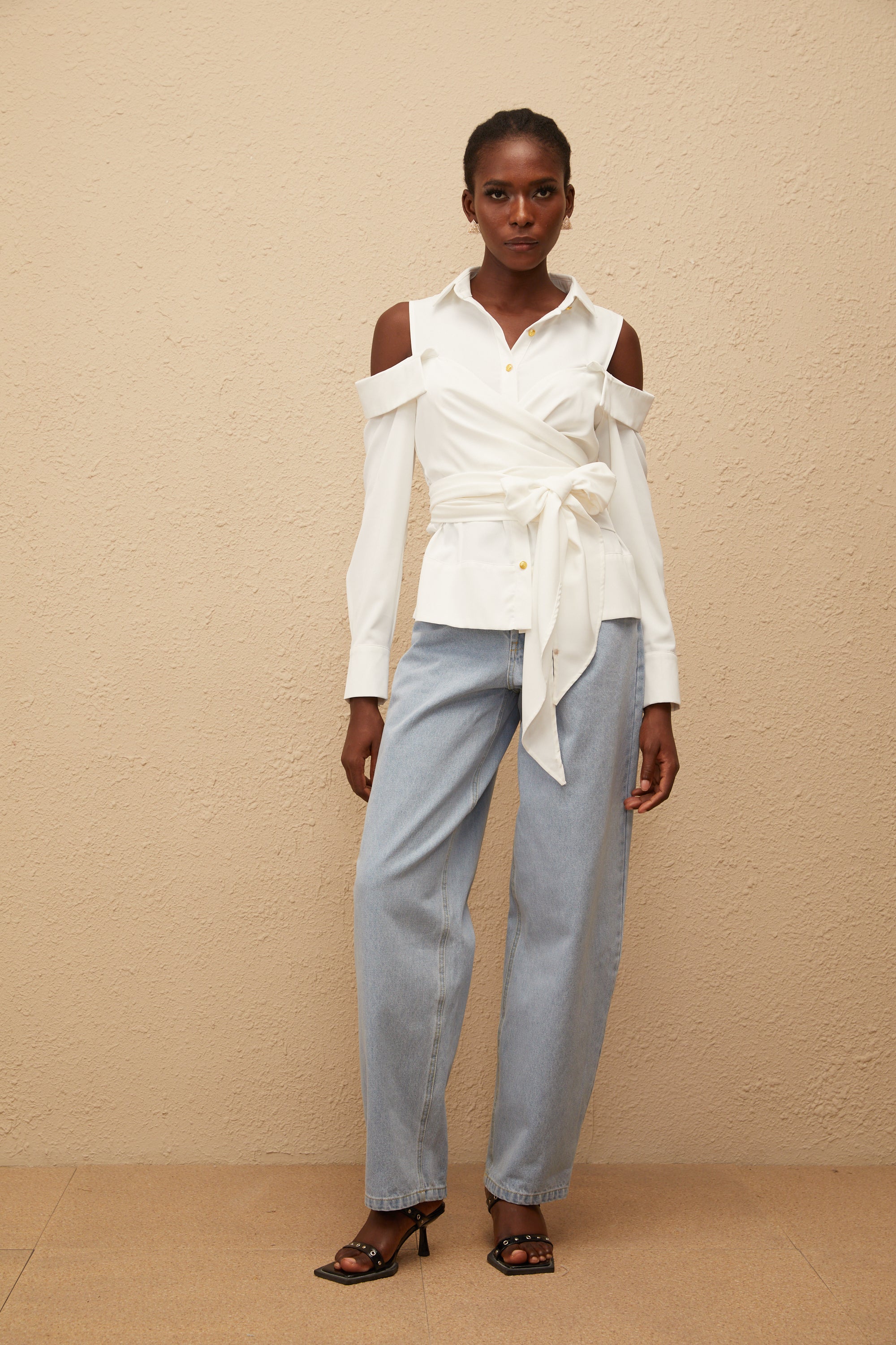 Valérie White Cold Shoulder Self Tie Shirt