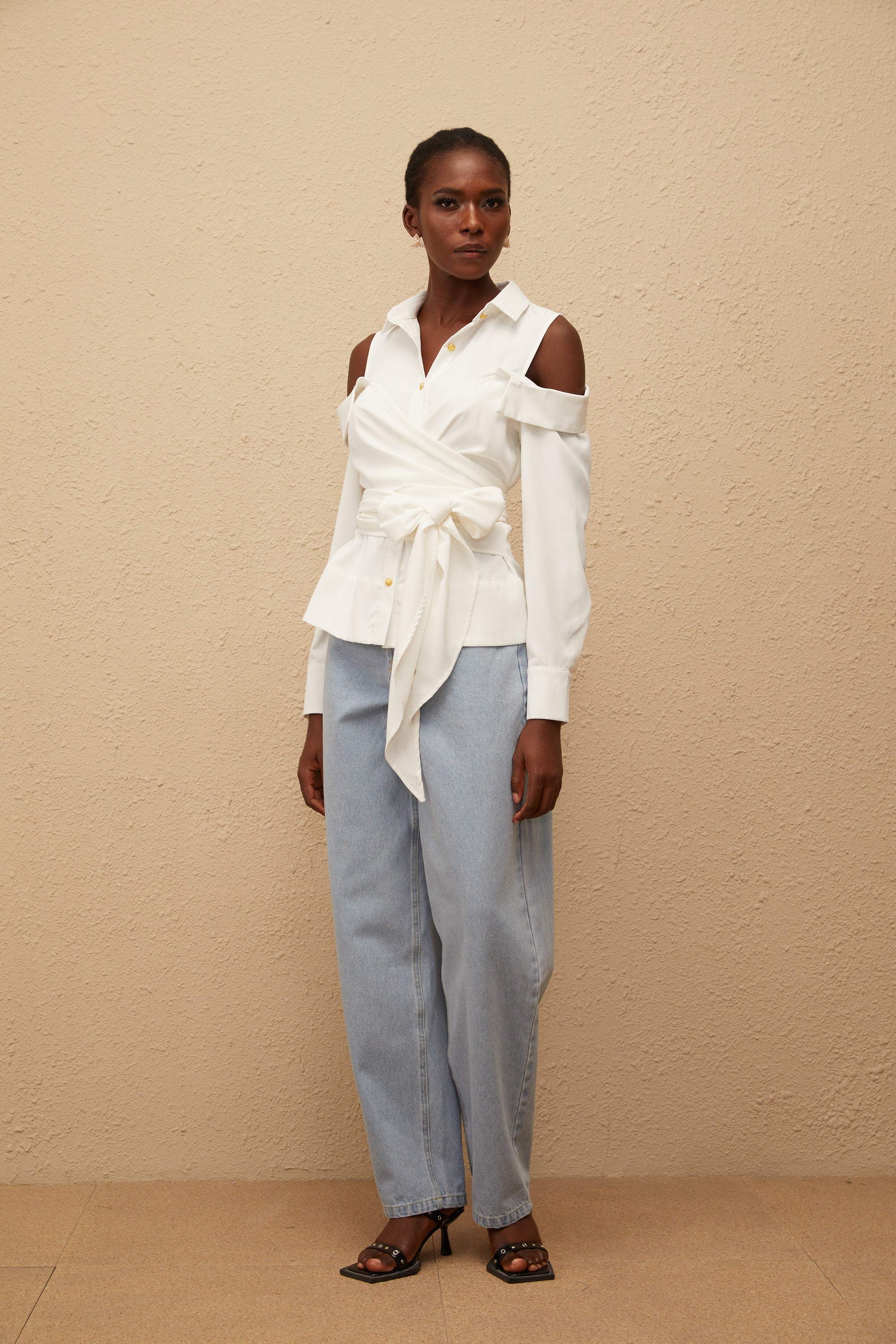 Valérie White Cold Shoulder Self Tie Shirt