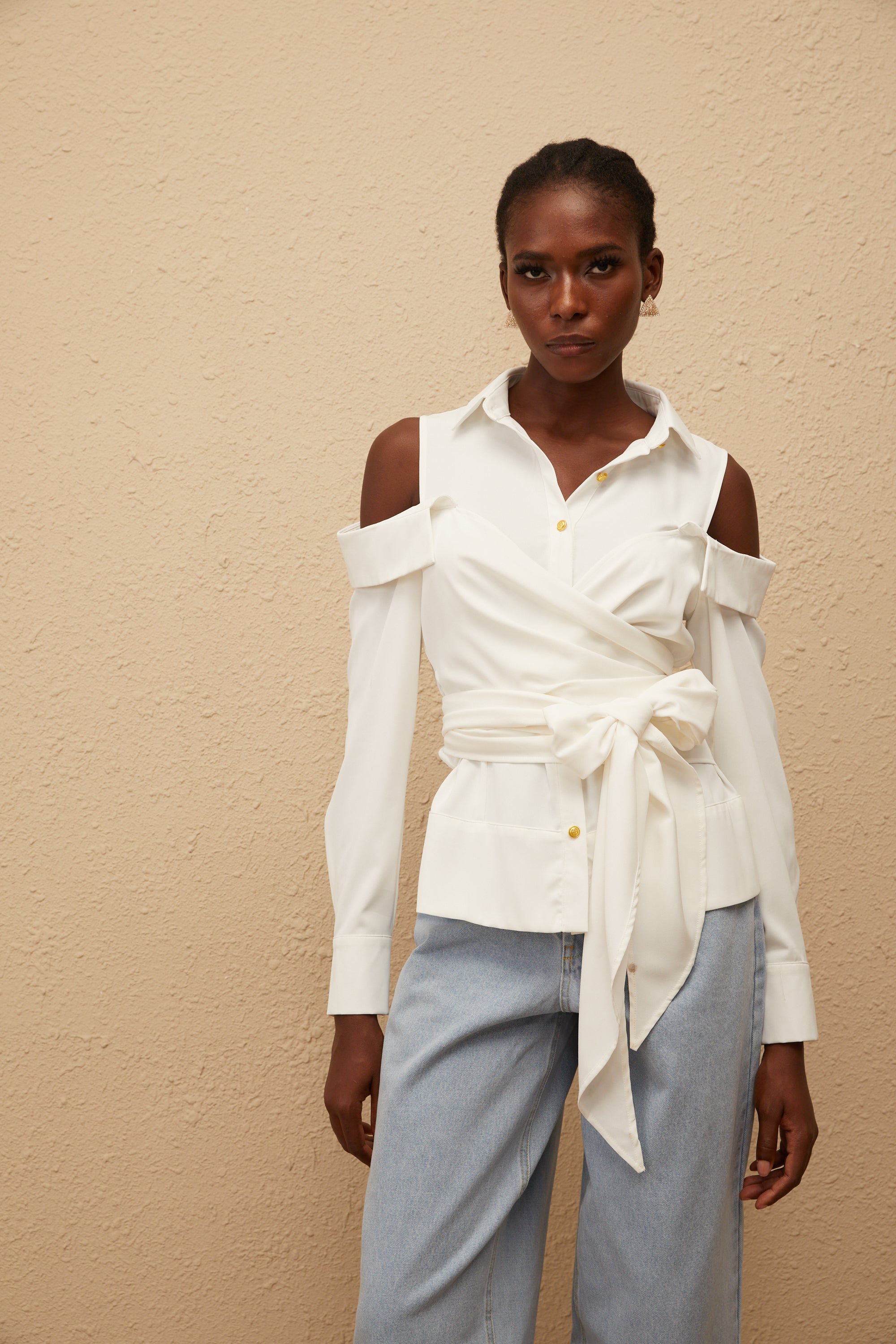 Valérie White Cold Shoulder Self Tie Shirt