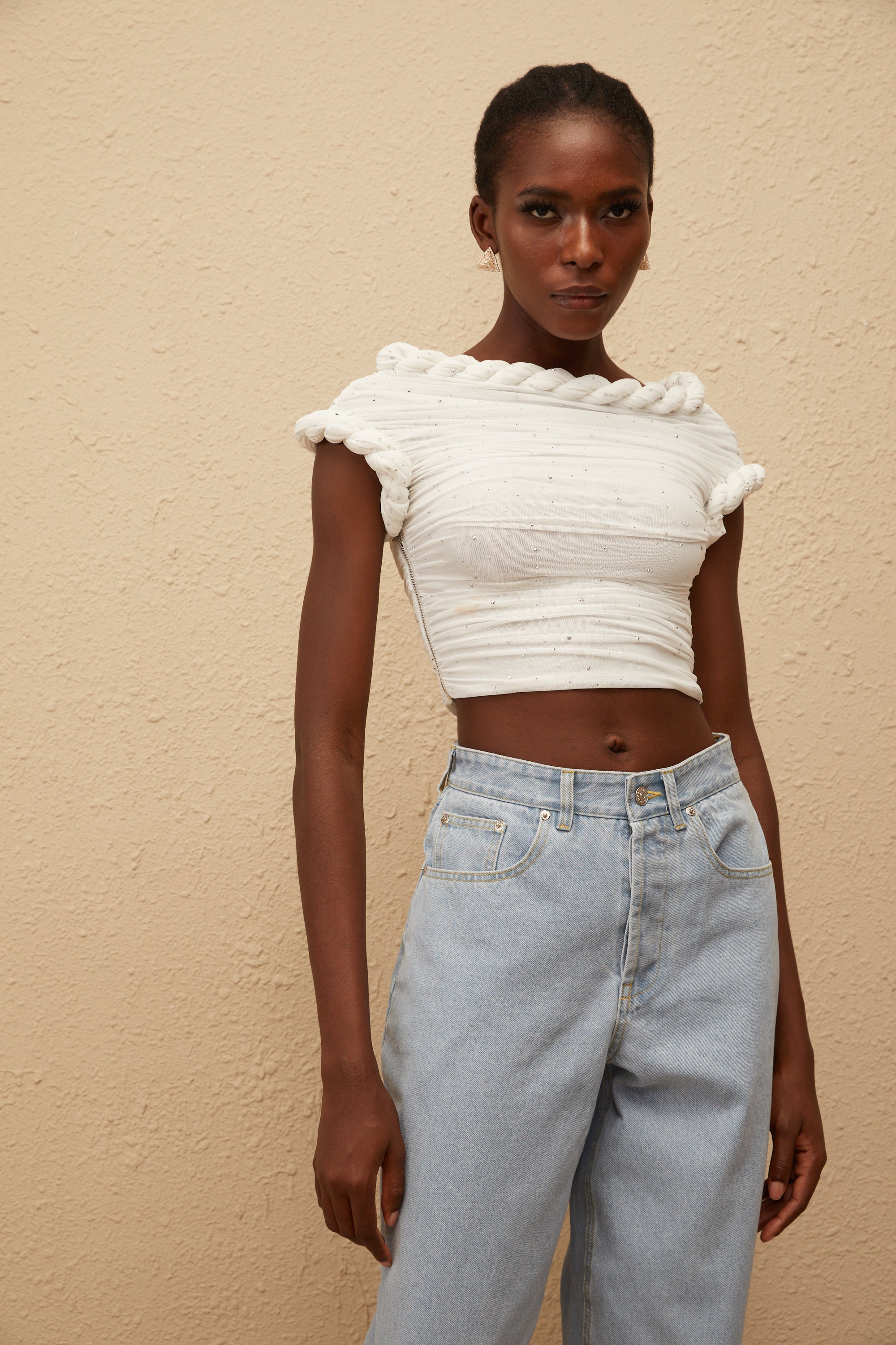 Lisette White Rhinestone Braided Ruched Top