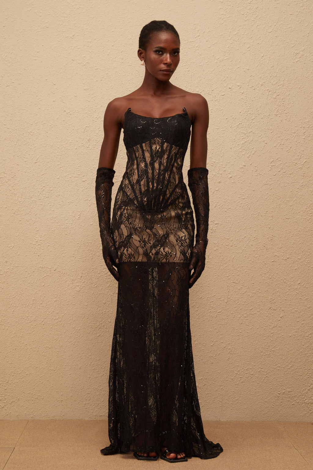 Floral Appliqué Maxi Dress With Corset Bodice - Black main image 0