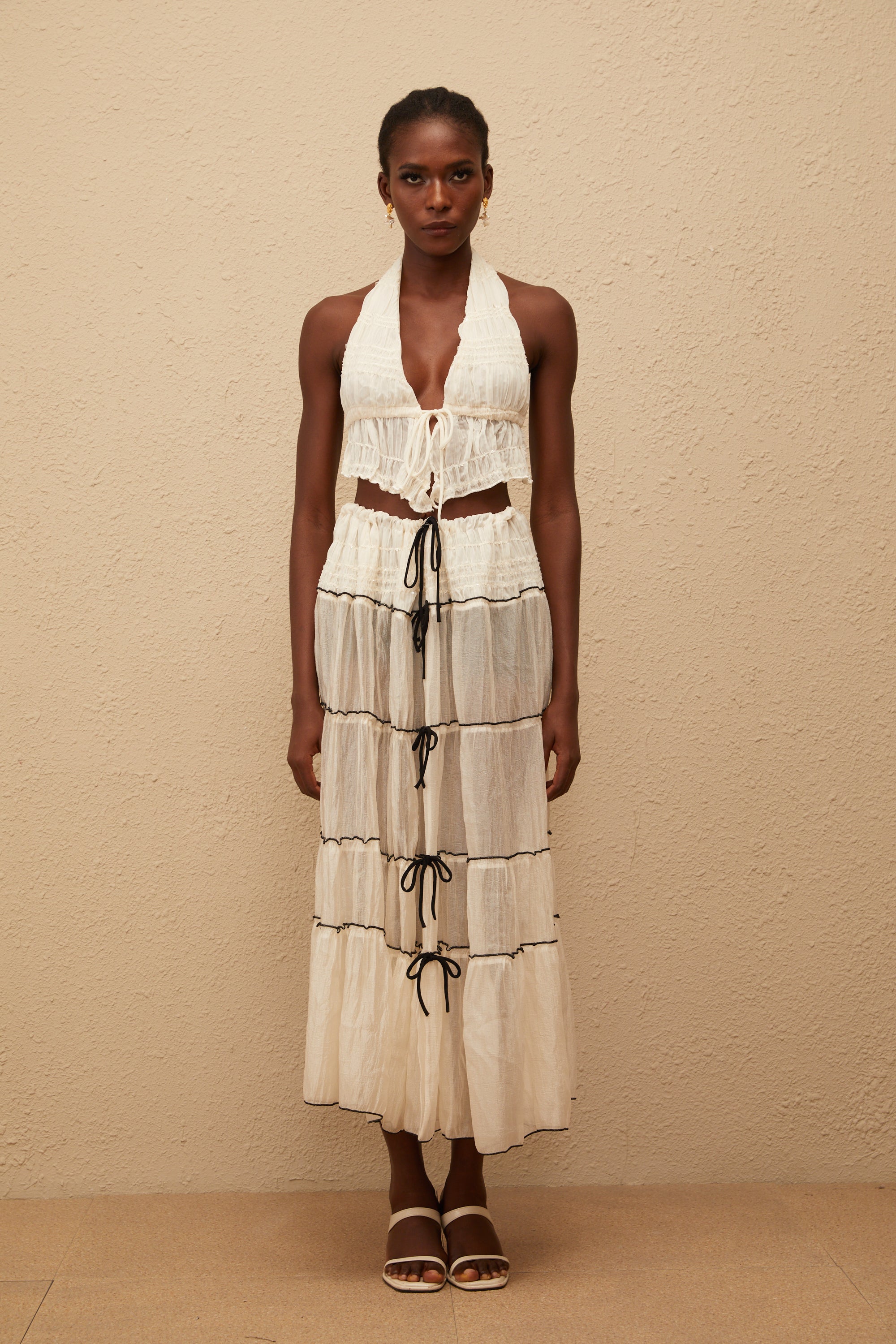 Aveline Cream White Bowknot Shirred Top & Skirt Set