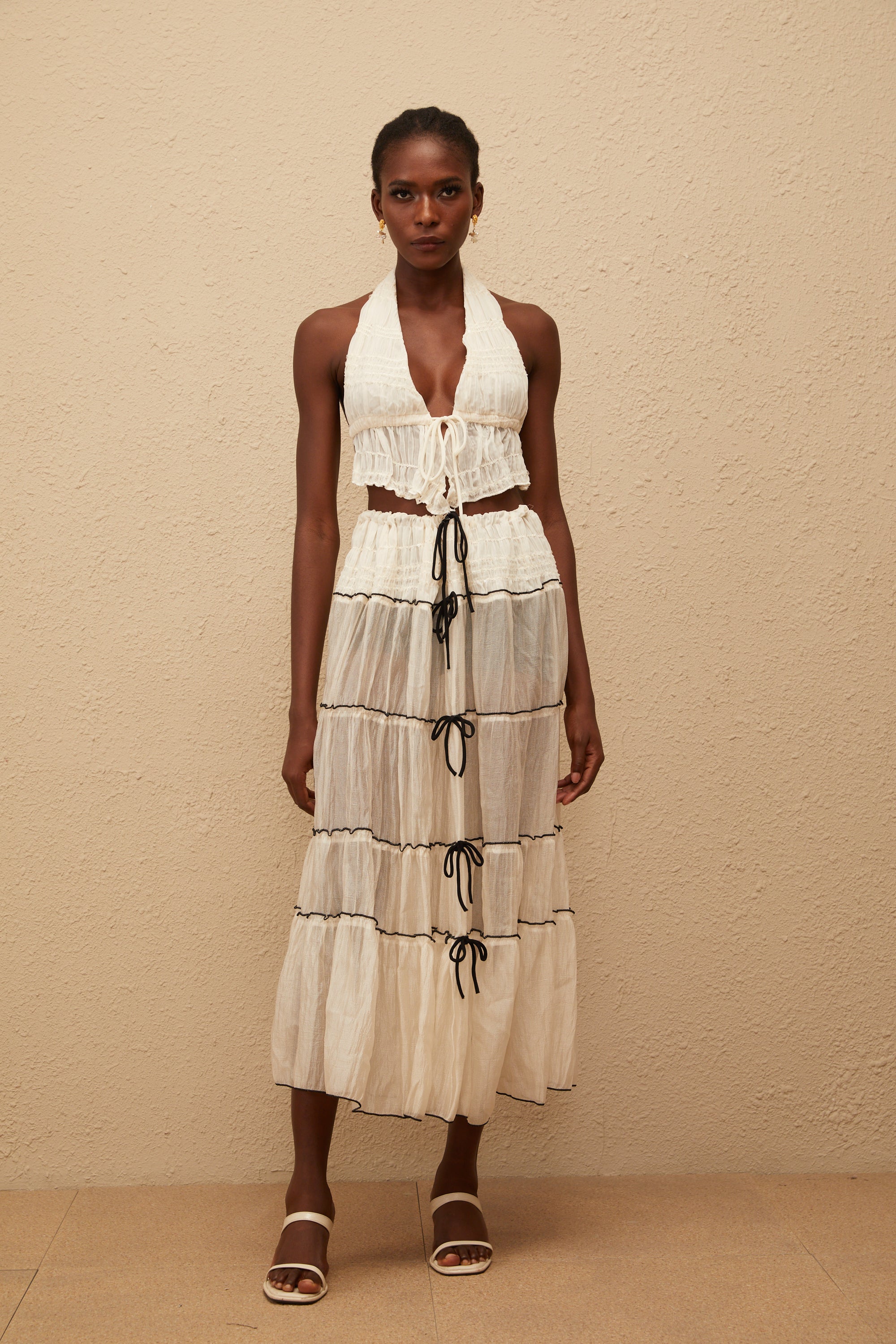 Aveline Cream White Bowknot Shirred Top & Skirt Set