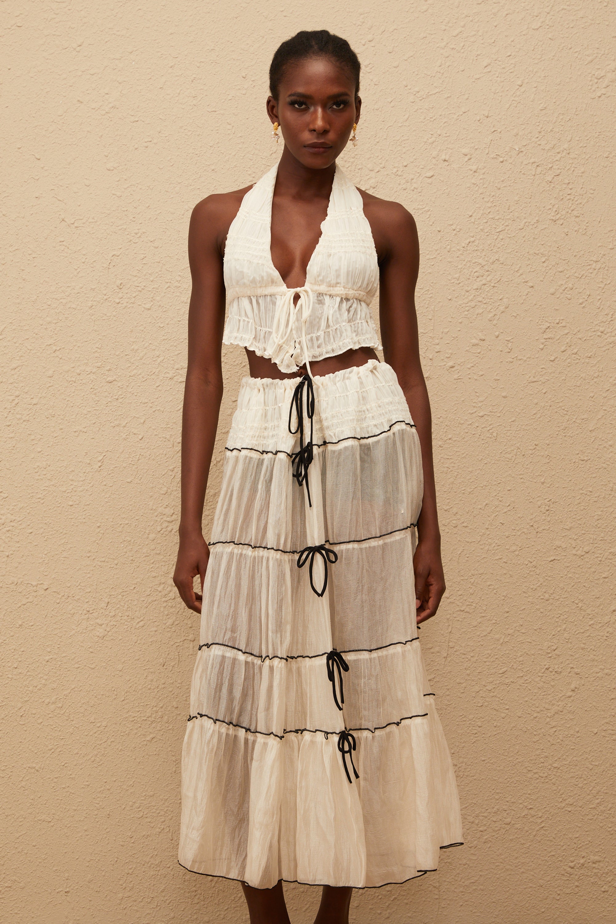 Aveline Cream White Bowknot Shirred Top & Skirt Set