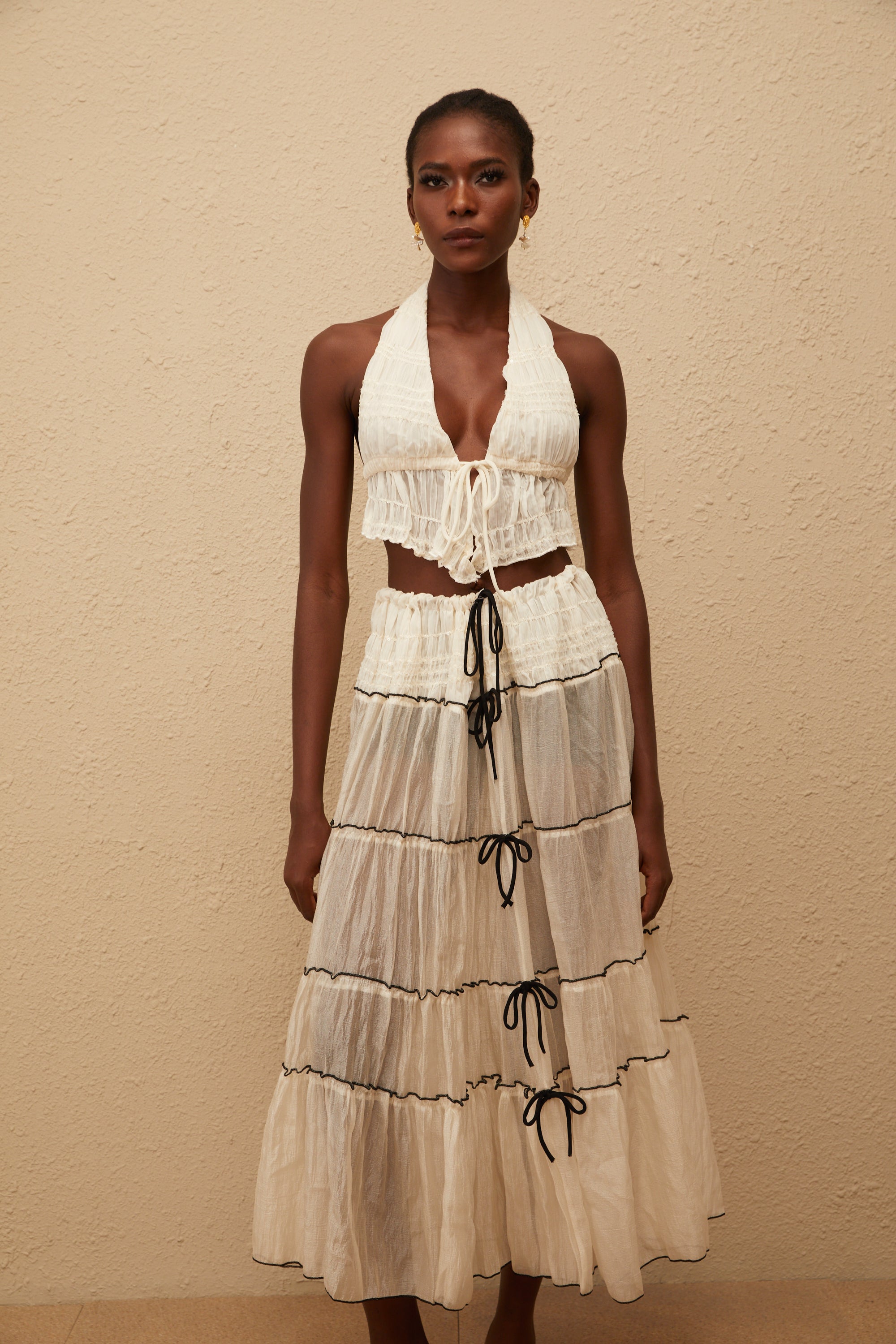 Aveline Cream White Bowknot Shirred Top & Skirt Set