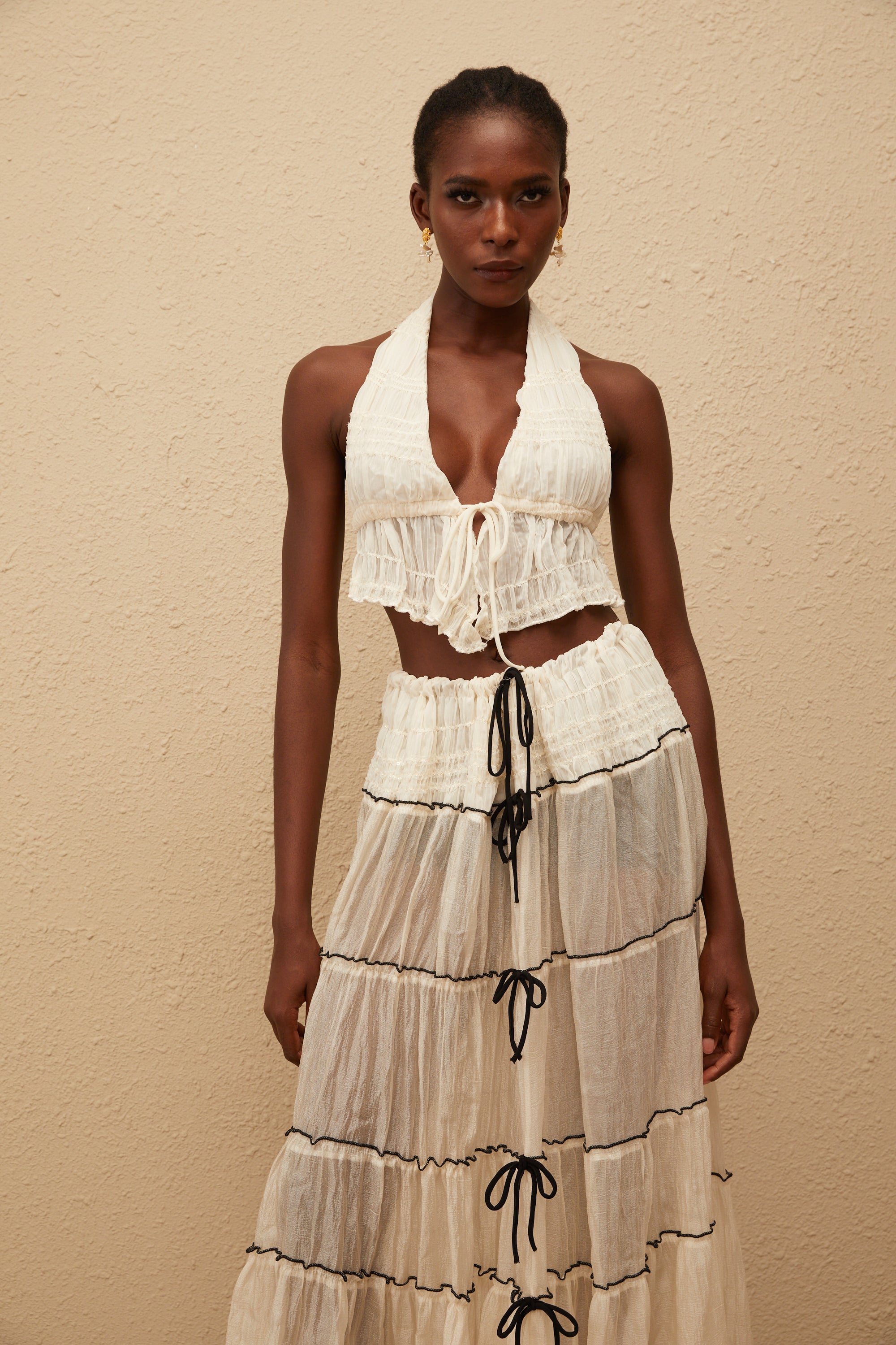 Aveline Cream White Bowknot Shirred Top & Skirt Set