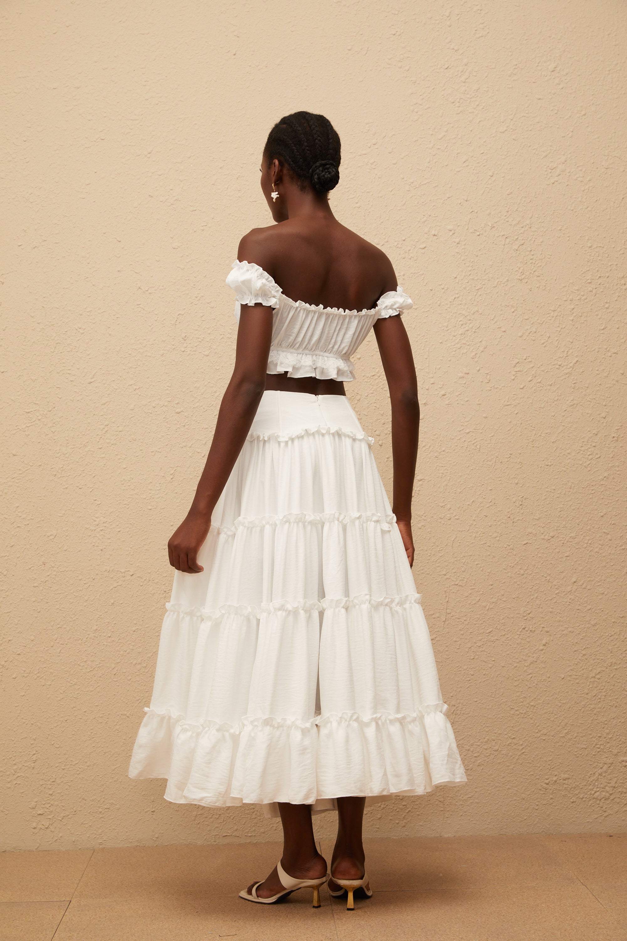 Théoline White Ruffled Trim Shirred Top & Skirt Set